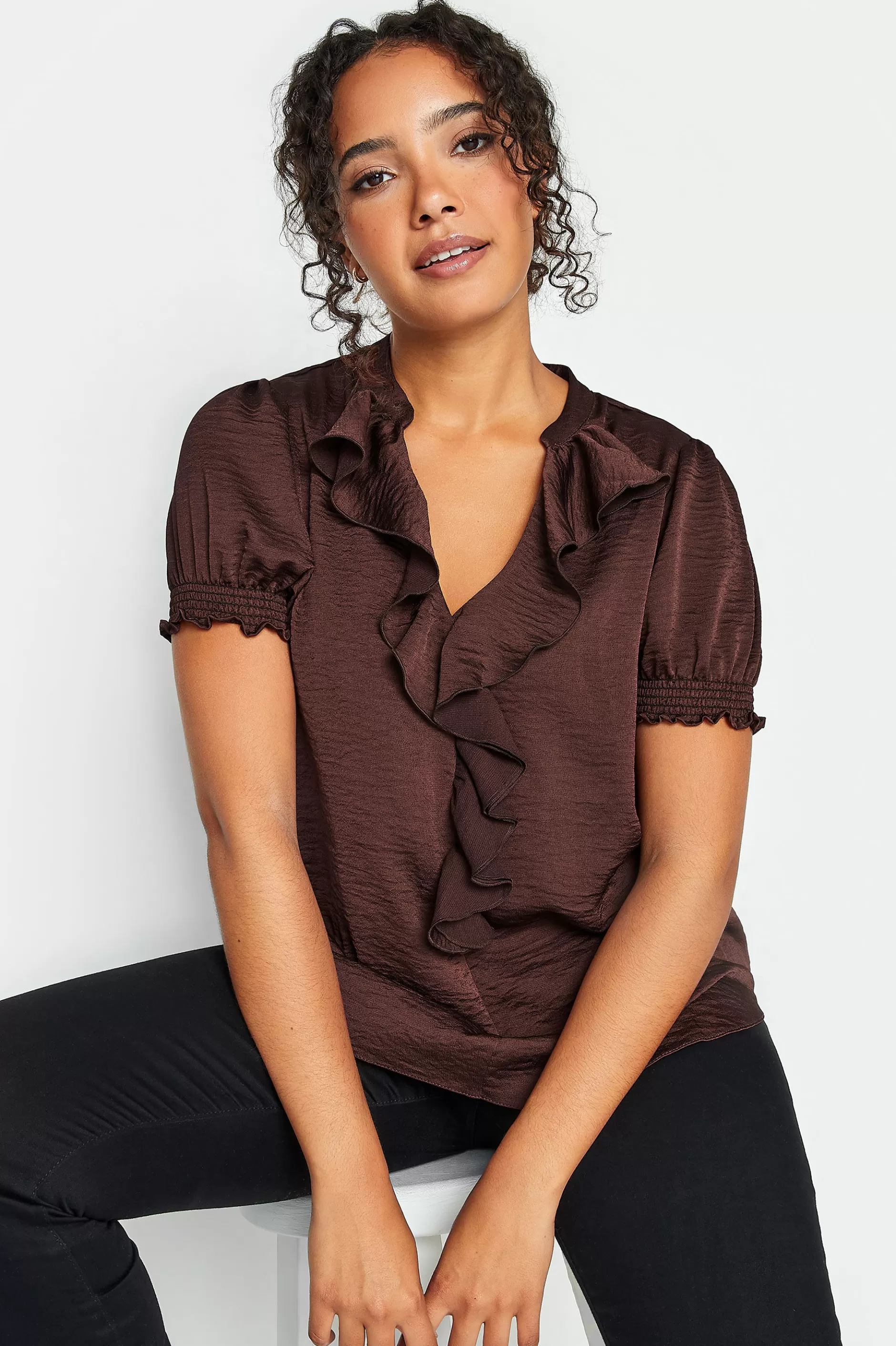 Women M&Co Short Sleeve Tops> Womens Brown Frill Satin Blouse