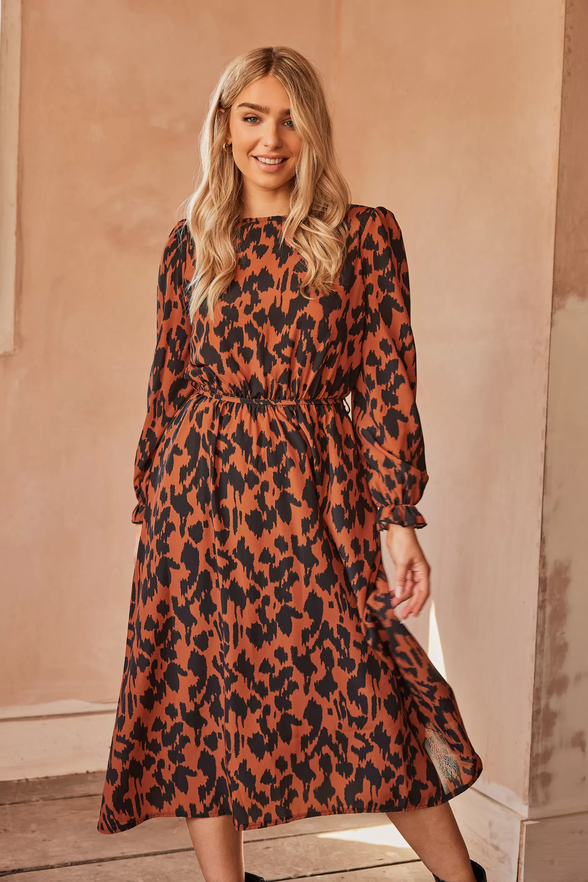 Women M&Co Midi Dresses> Womens Brown Leopard Print Smock Dress