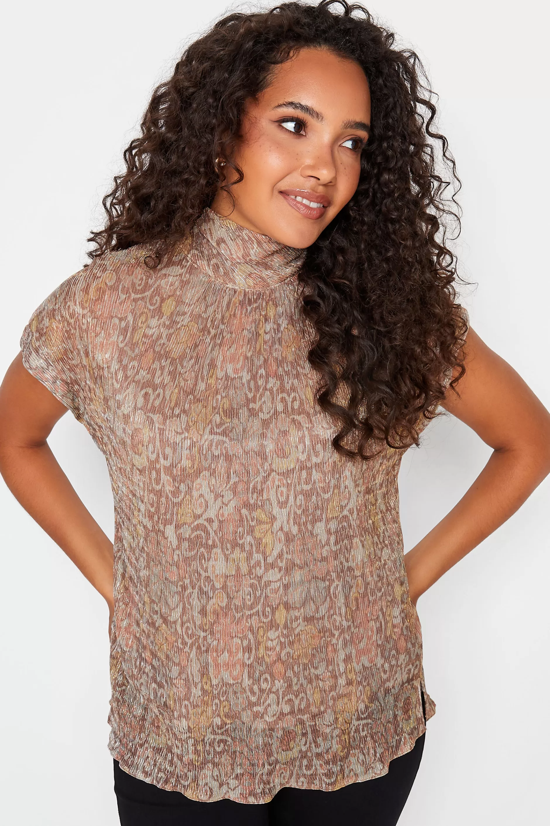 Women M&Co Short Sleeve Tops> Womens Brown Paisley Print Glitter Blouse