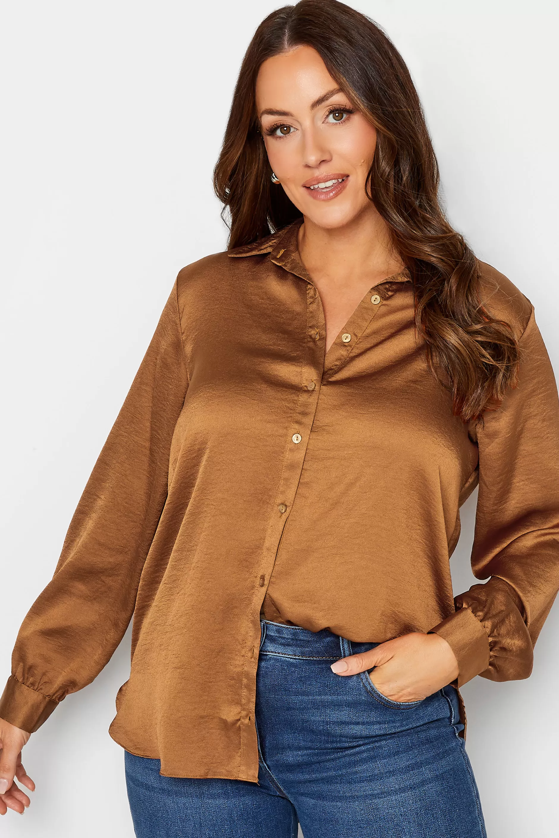 Women M&Co Shirts> Womens Brown Satin Shirt