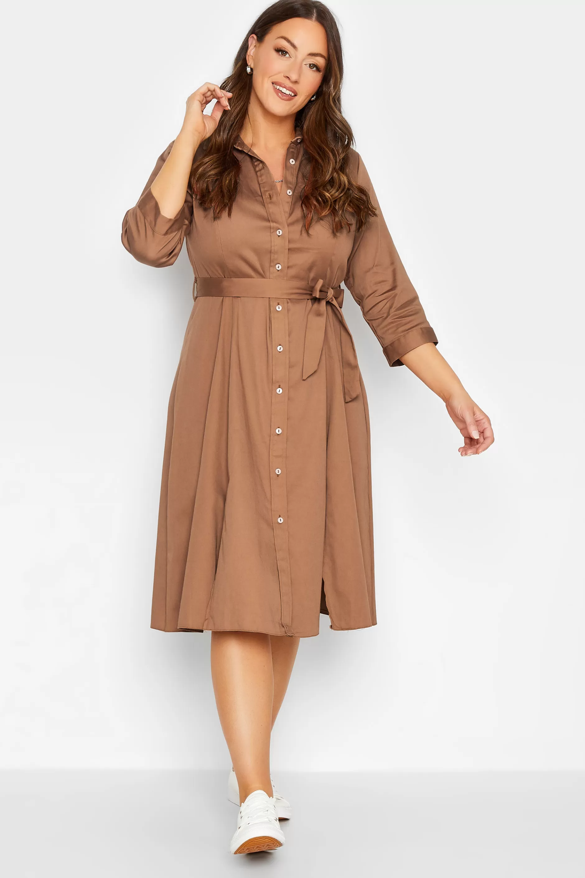 Women M&Co Wedding Guest Dresses> Womens Brown Tie Waist Shirt Dress