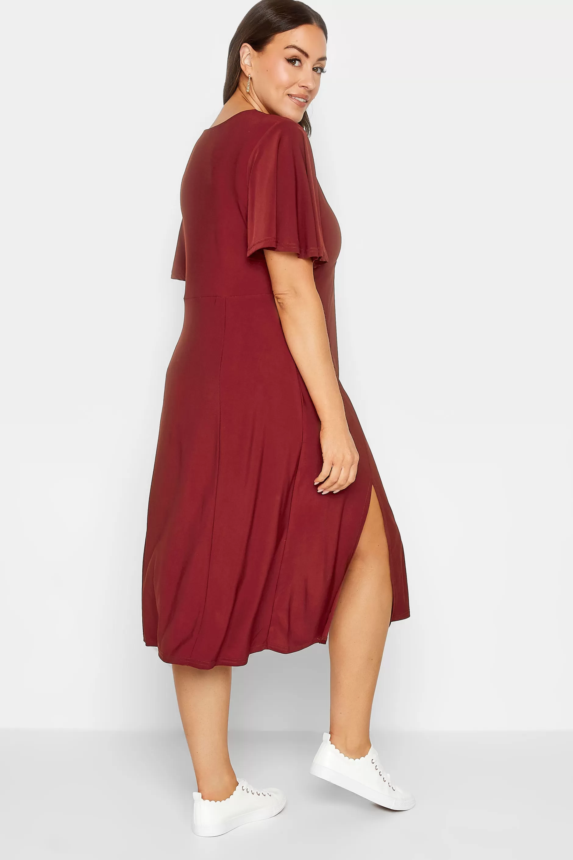 Women M&Co Wedding Guest Dresses> Womens Burgundy Red Angel Sleeve Split Hem Midi Dress