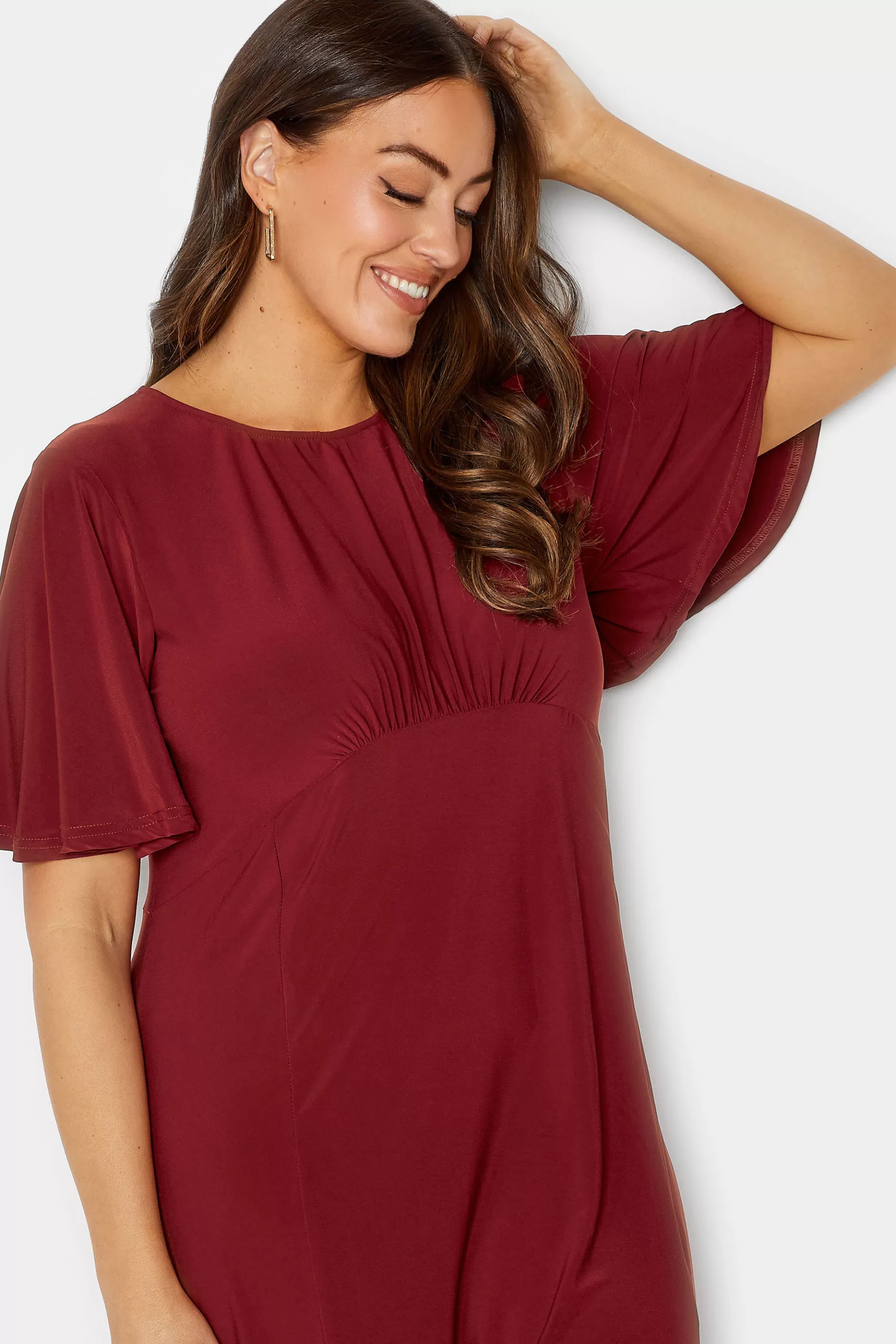 Women M&Co Wedding Guest Dresses> Womens Burgundy Red Angel Sleeve Split Hem Midi Dress