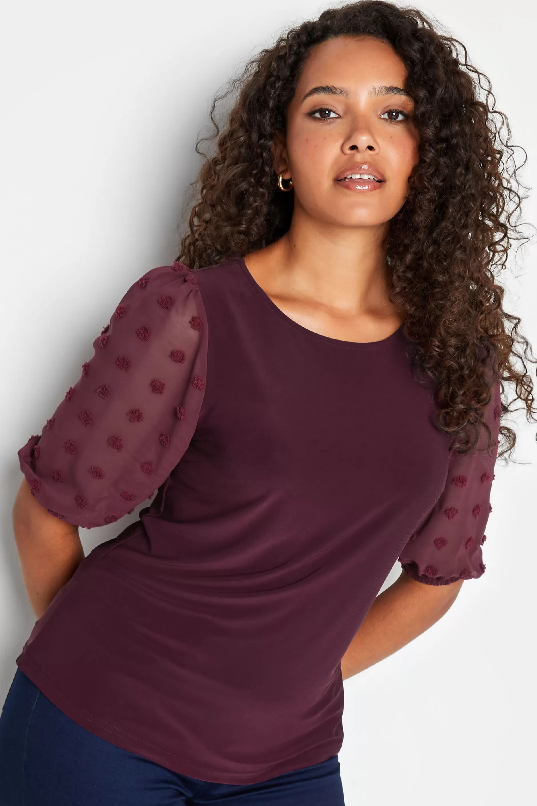 Women M&Co Short Sleeve Tops> Womens Burgundy Red Dobby Sleeve Blouse