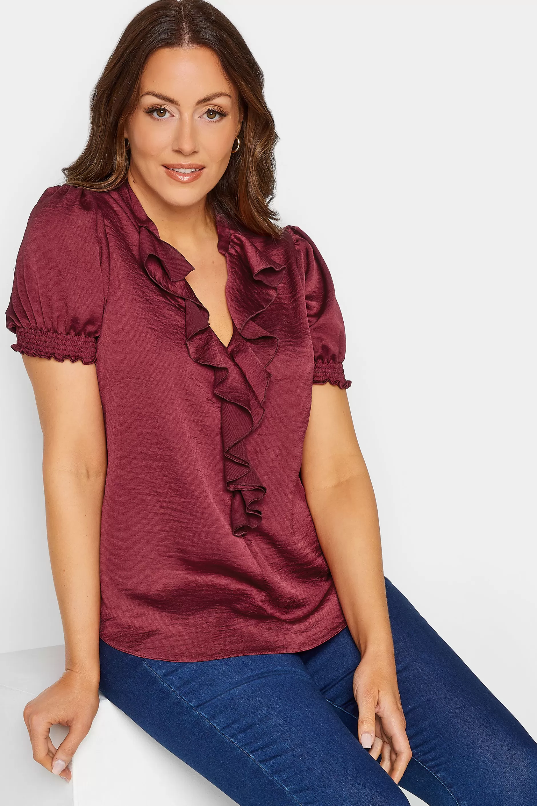 Women M&Co Short Sleeve Tops> Womens Burgundy Red Frill Satin Blouse