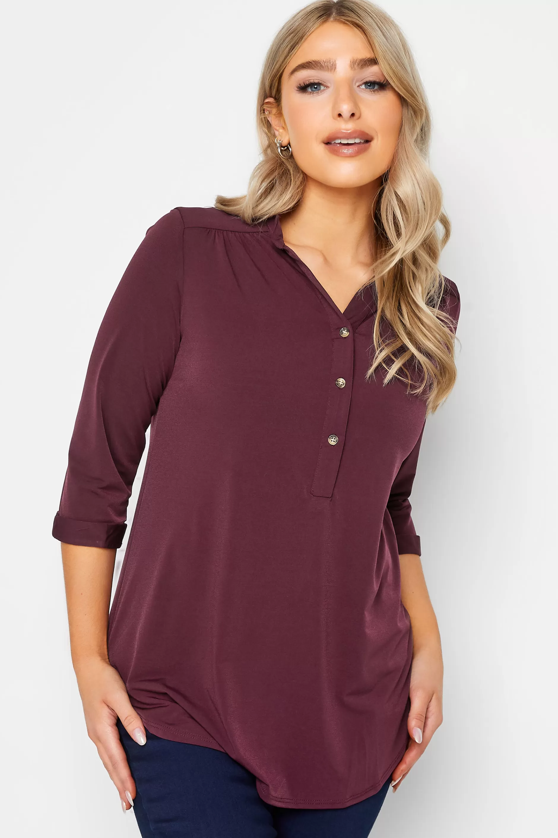 Women M&Co Blouses> Womens Burgundy Red Half Placket Blouse