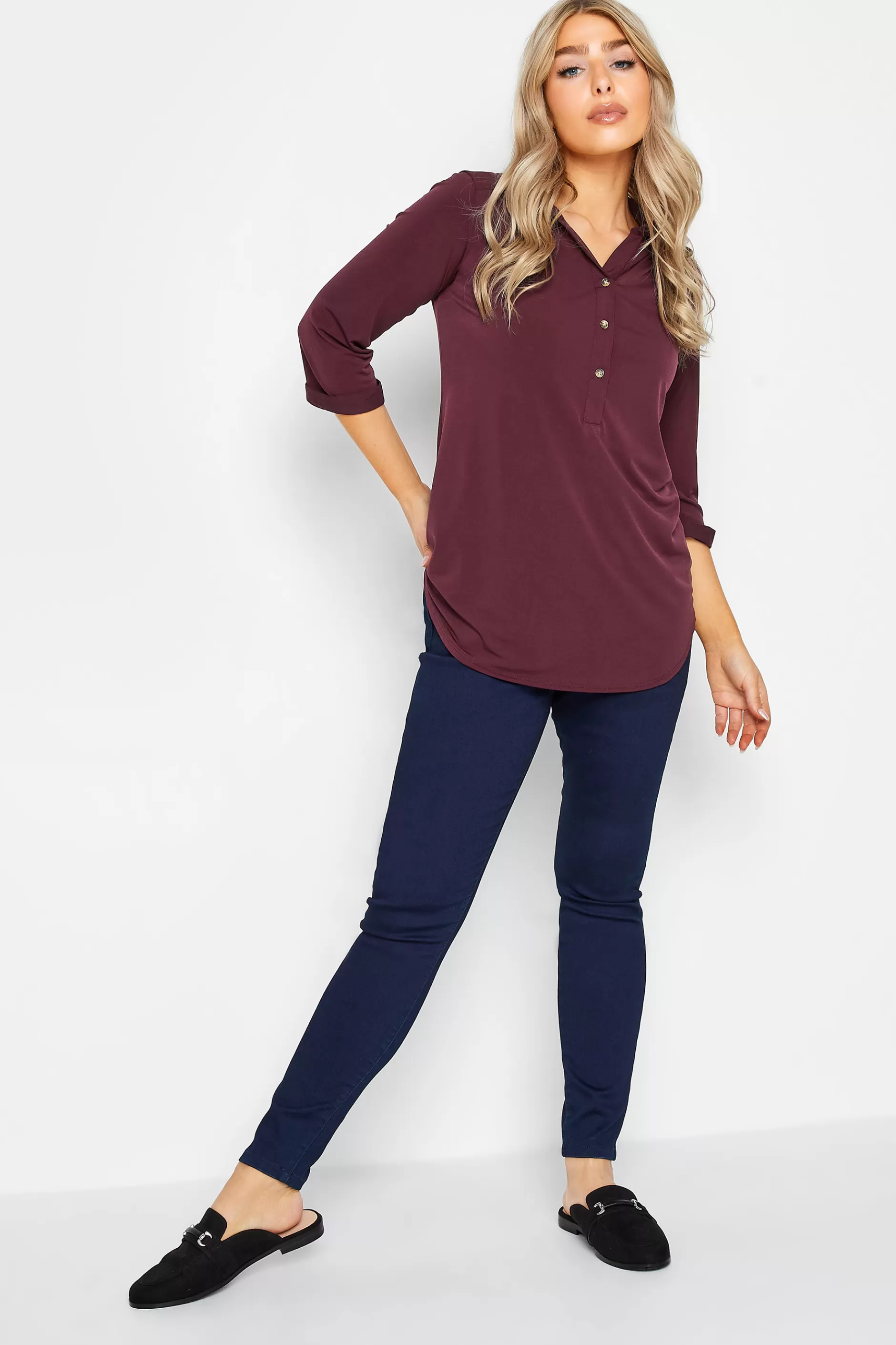 Women M&Co Blouses> Womens Burgundy Red Half Placket Blouse