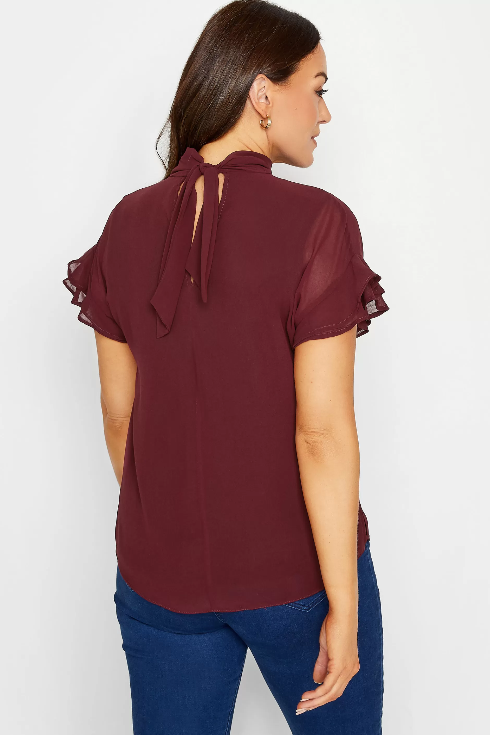Women M&Co Short Sleeve Tops> Womens Burgundy Red High Neck Frill Sleeve Blouse
