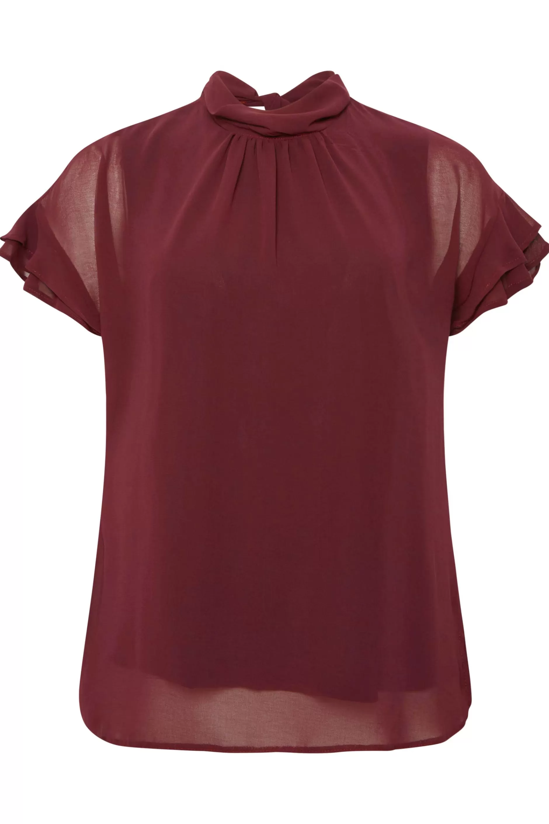 Women M&Co Short Sleeve Tops> Womens Burgundy Red High Neck Frill Sleeve Blouse