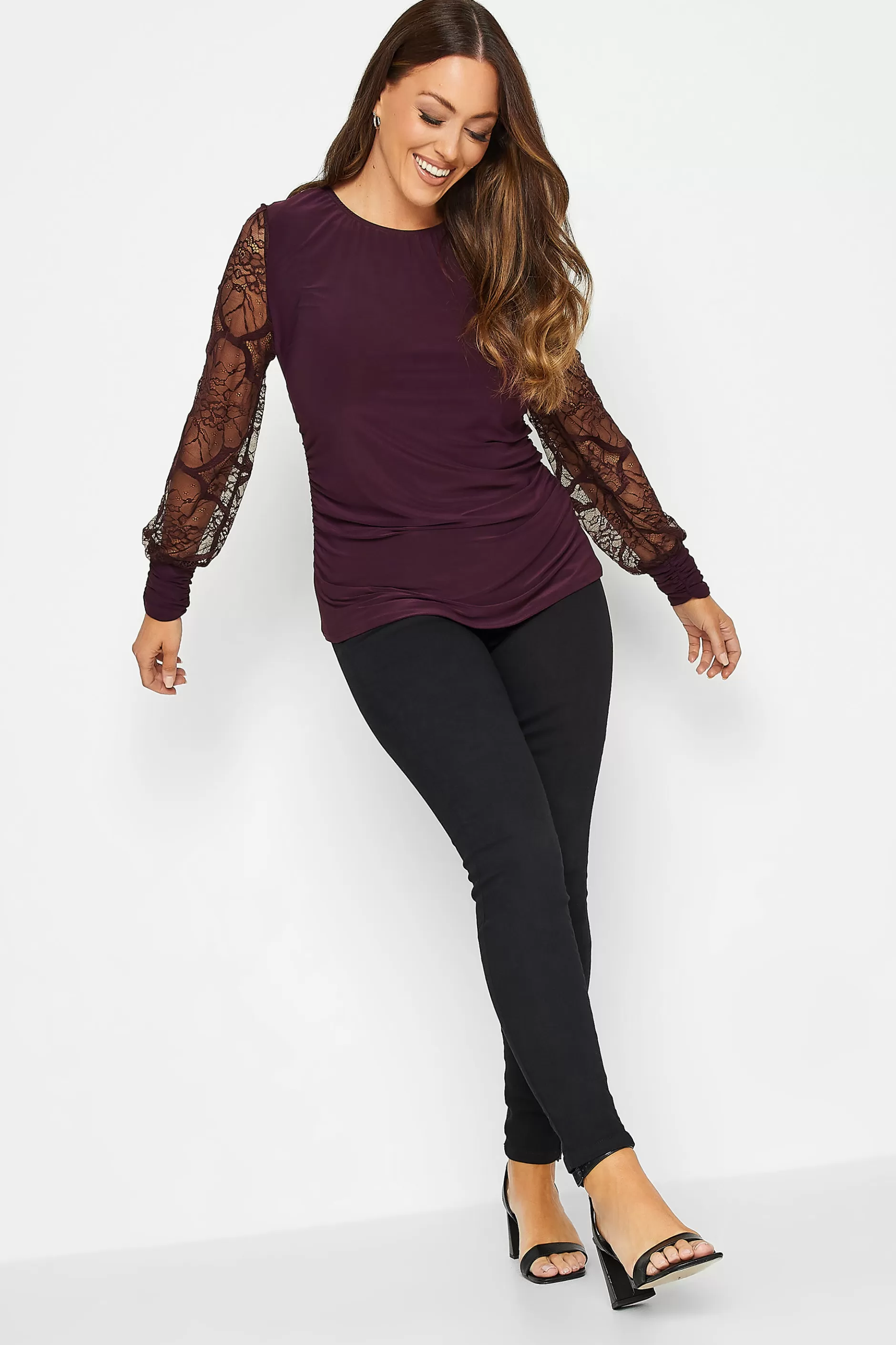 Women M&Co Blouses> Womens Burgundy Red Lace Long Sleeve Top