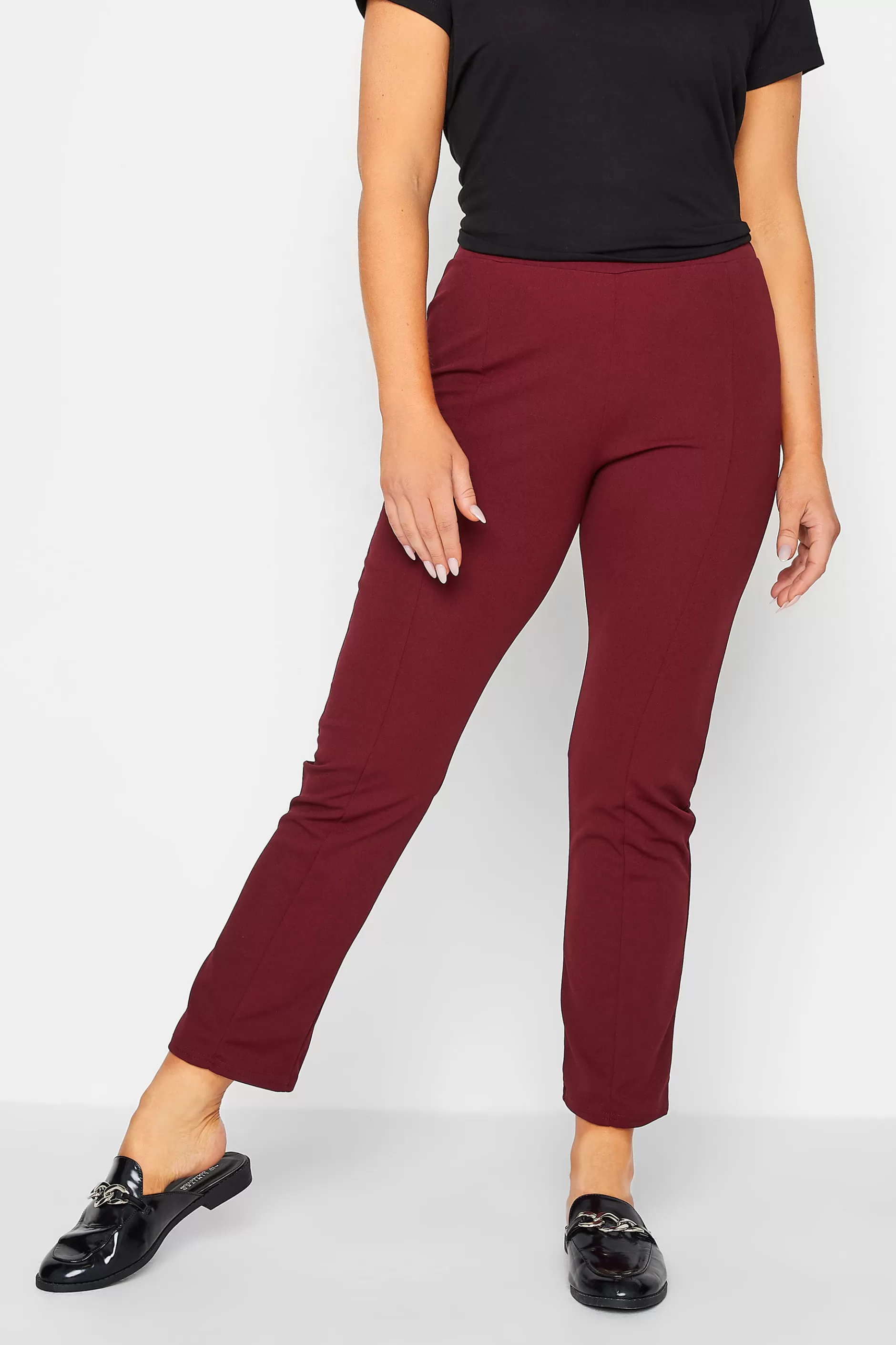 Women M&Co Trousers> Womens Burgundy Red Stretch Tapered Trousers