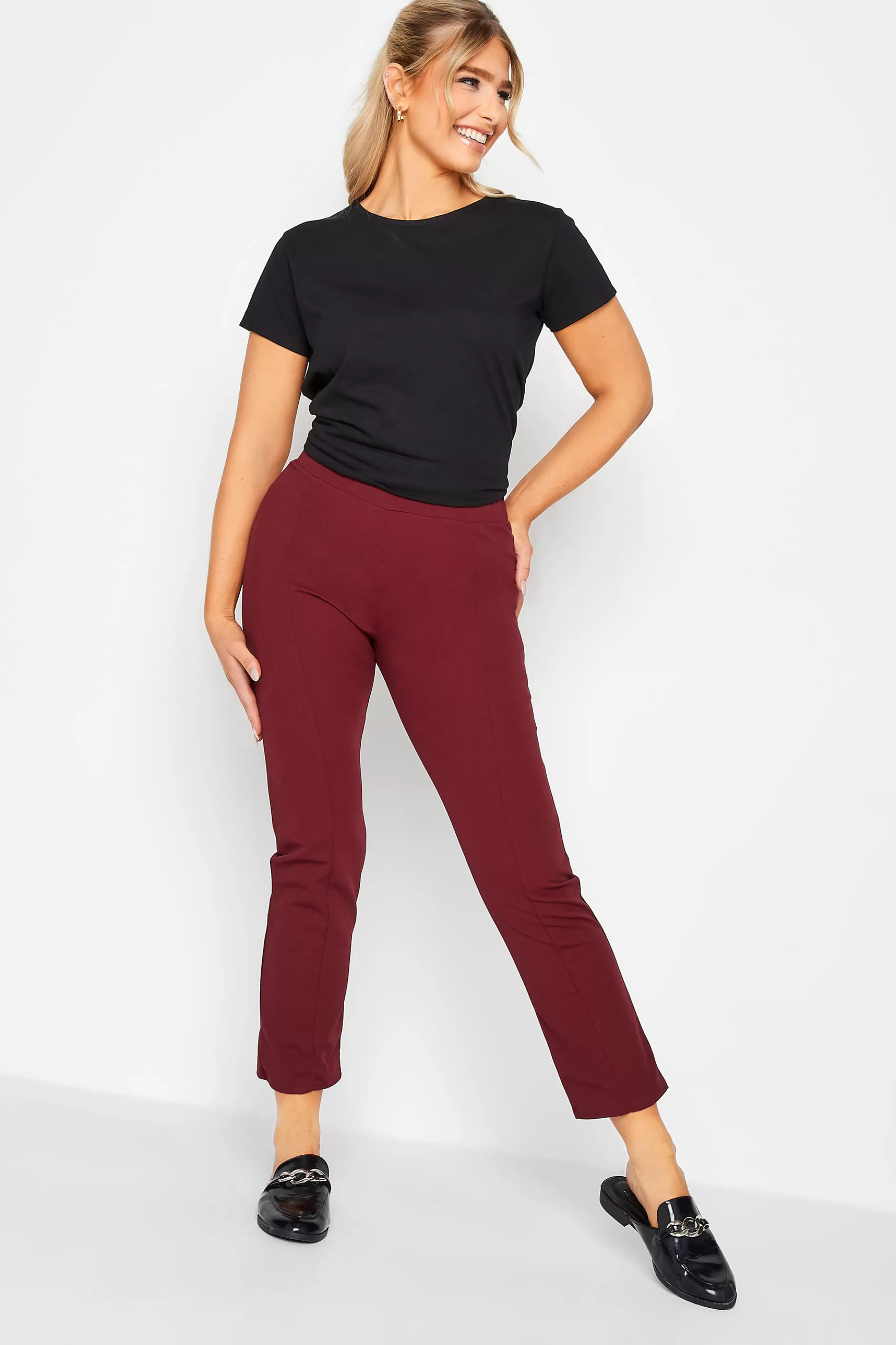 Women M&Co Trousers> Womens Burgundy Red Stretch Tapered Trousers