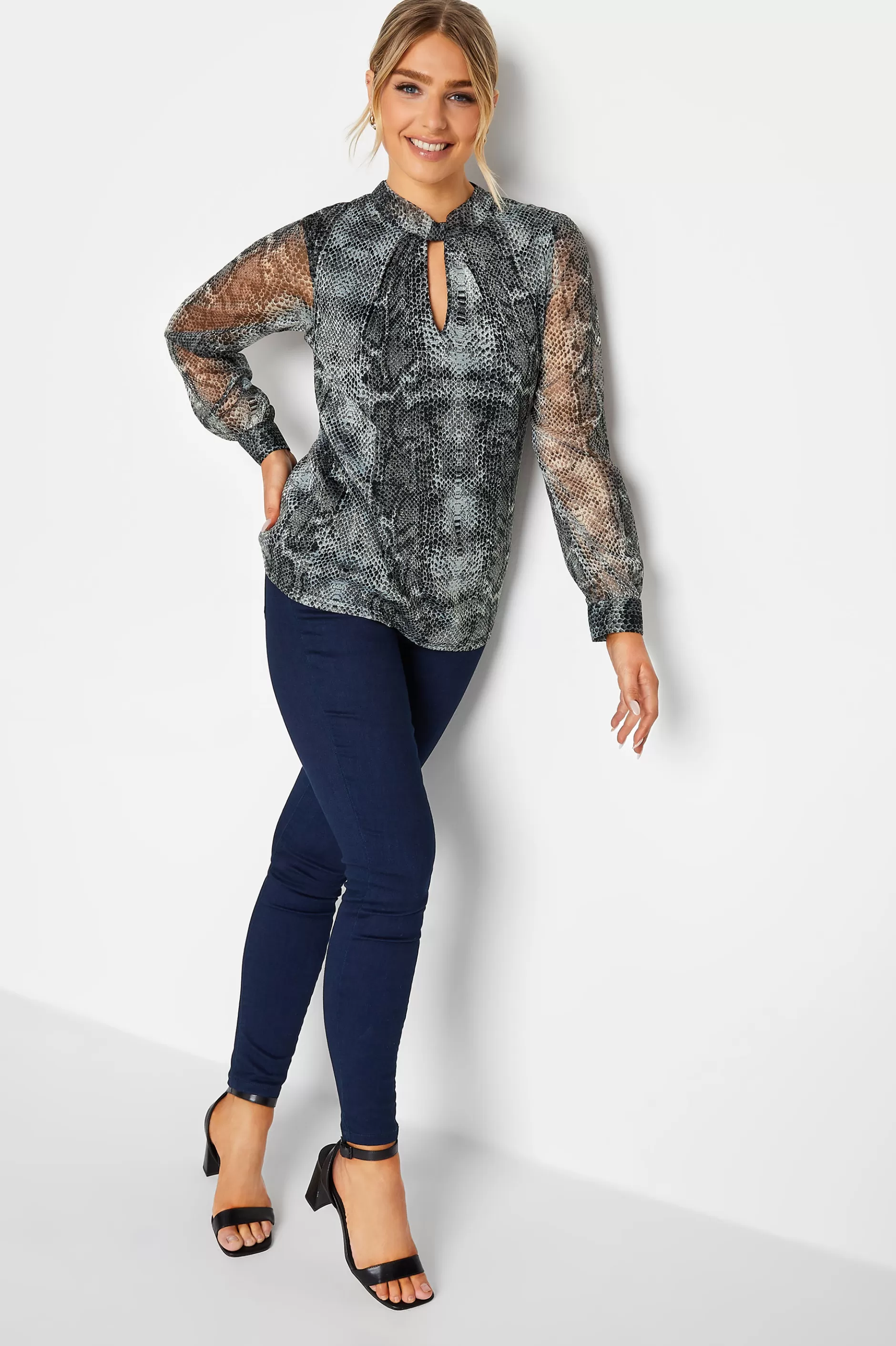 Women M&Co Blouses> Womens Charcoal Grey Snake Print Keyhole Blouse