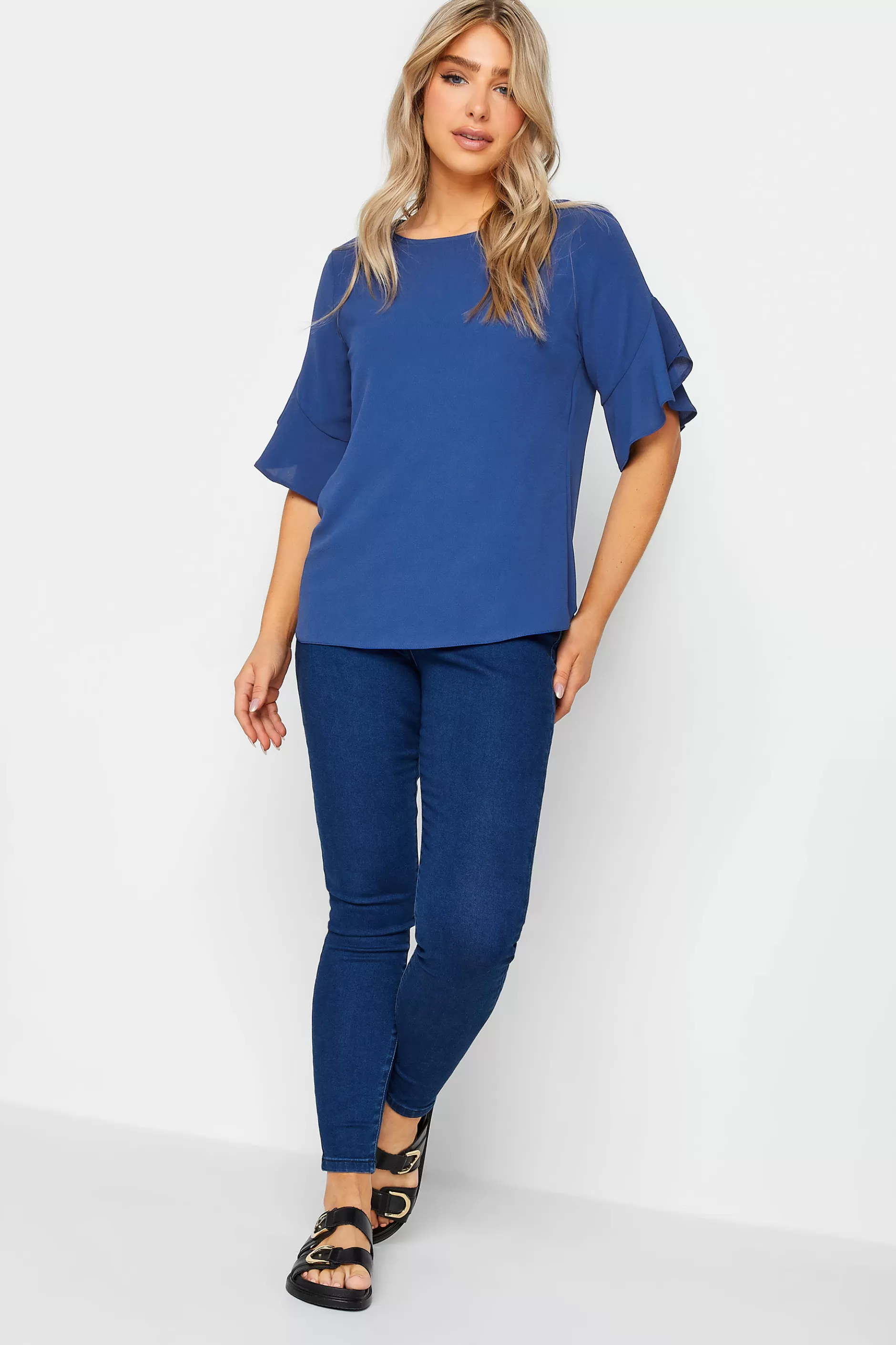 Women M&Co Short Sleeve Tops> Womens Cobalt Blue Frill Sleeve Blouse