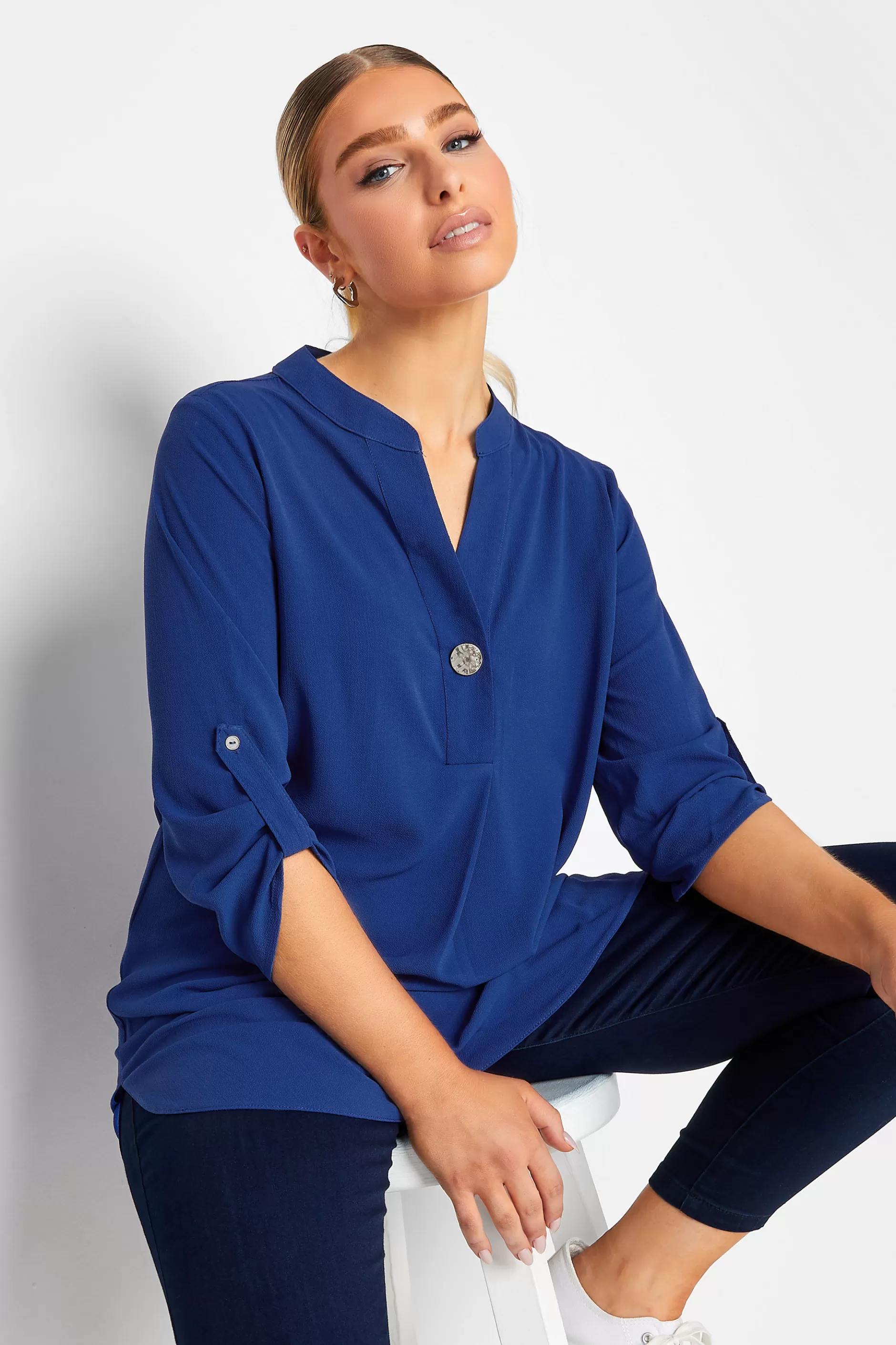 Women M&Co Shirts> Womens Cobalt Blue Long Sleeve Button Blouse