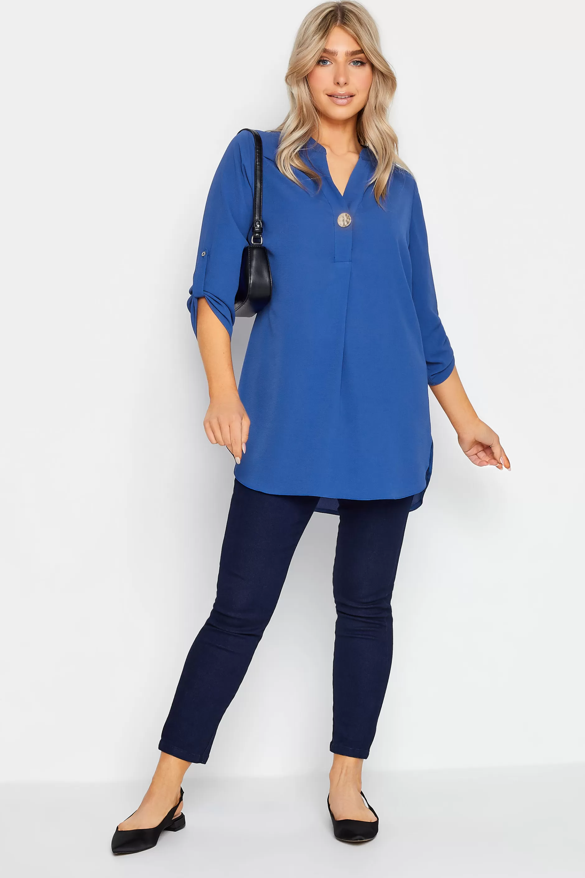 Women M&Co Shirts> Womens Cobalt Blue Statement Button Tab Sleeve Shirt