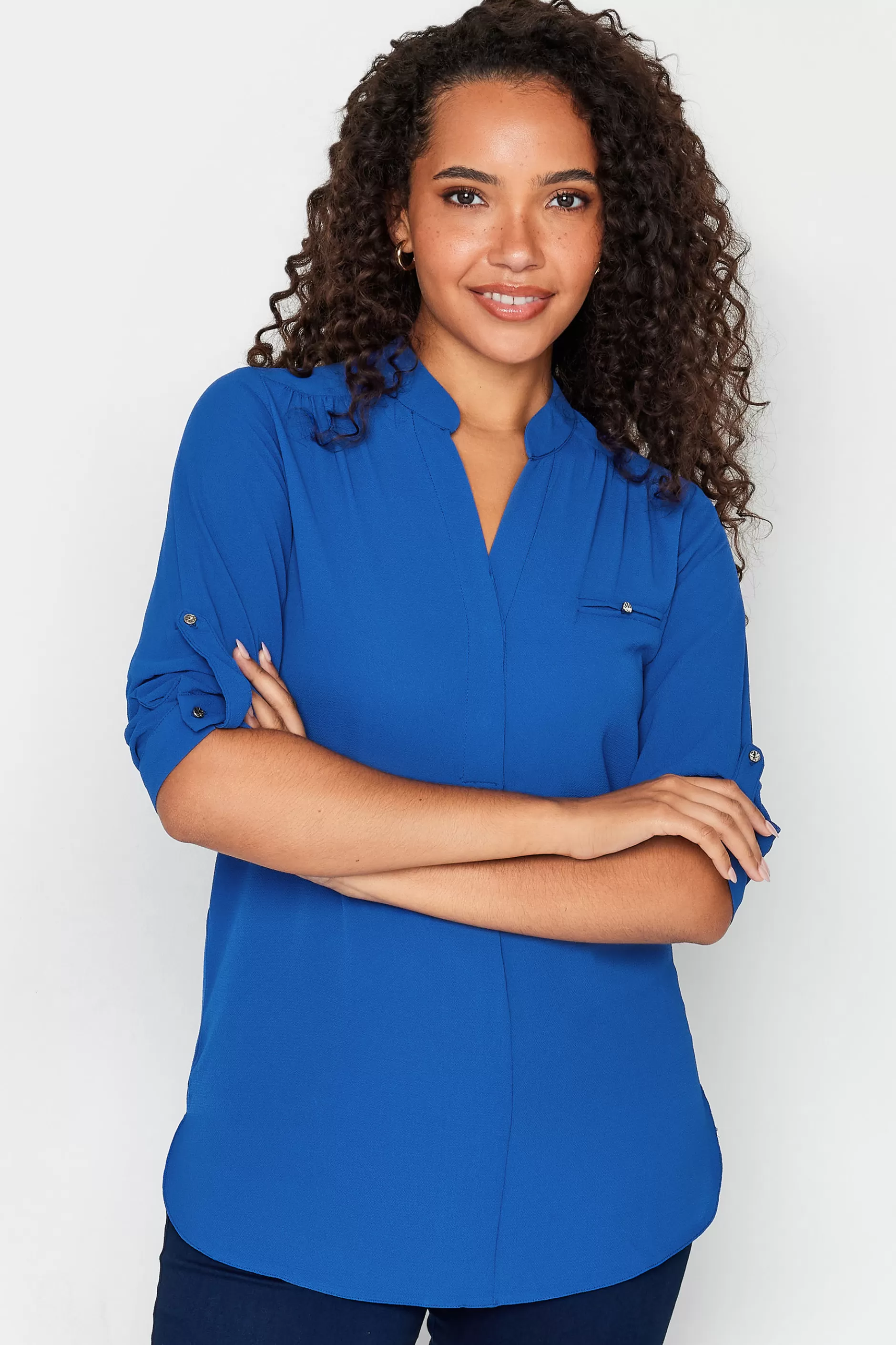 Women M&Co Shirts> Womens Cobalt Blue Tab Sleeve Blouse