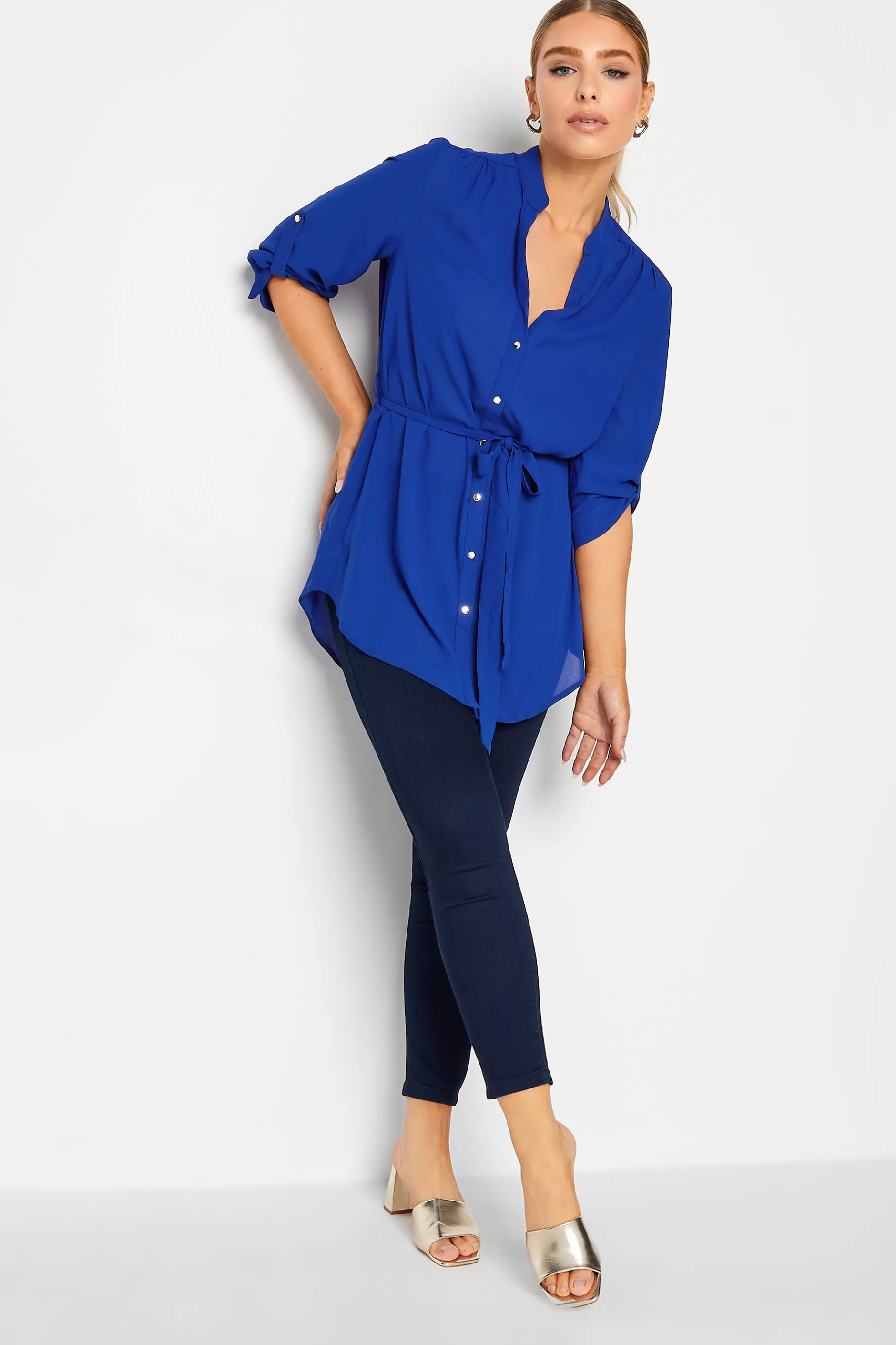 Women M&Co Shirts> Womens Cobalt Blue Tie Waist Blouse