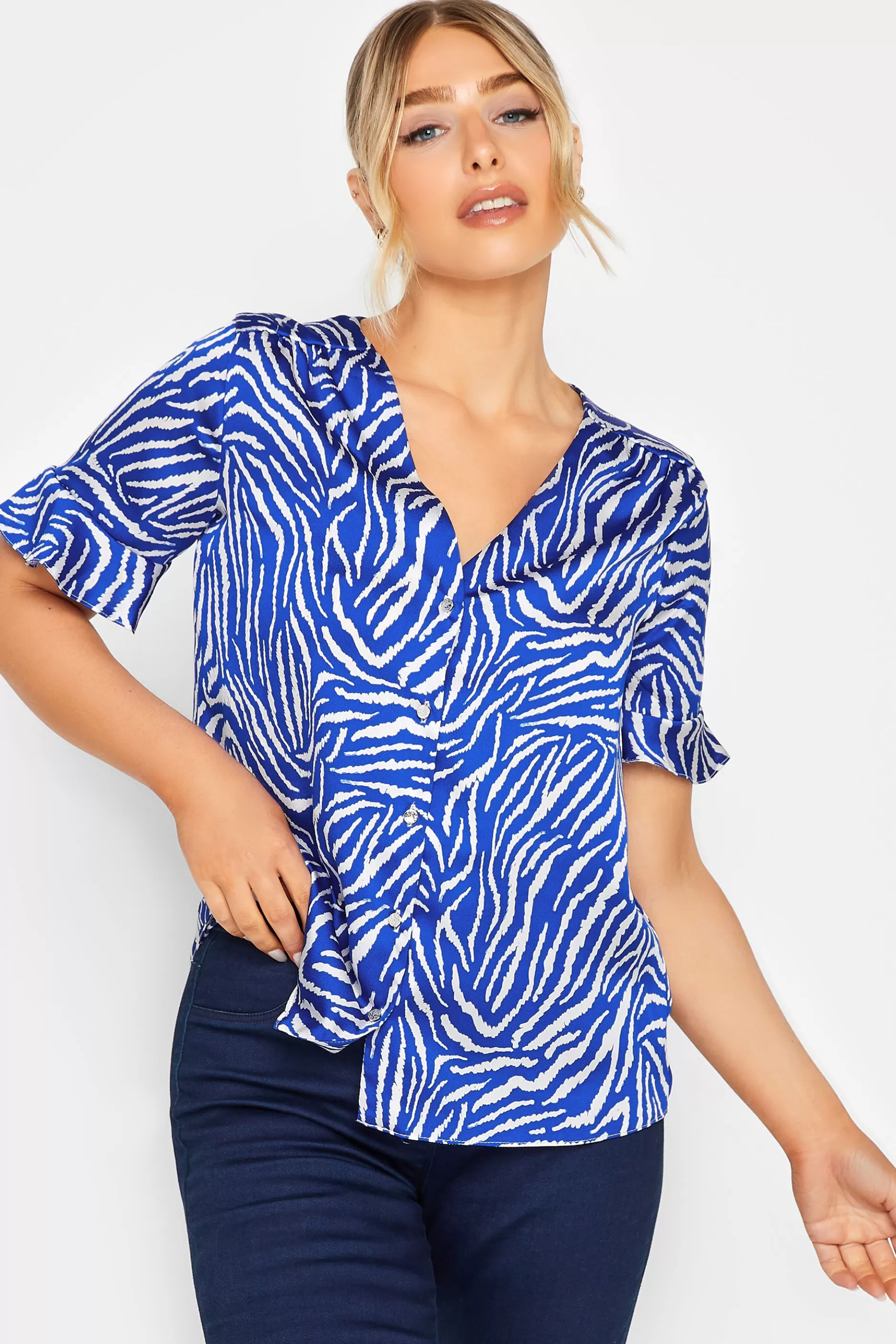 Women M&Co Short Sleeve Tops> Womens Cobalt Blue Zebra Print Shirt