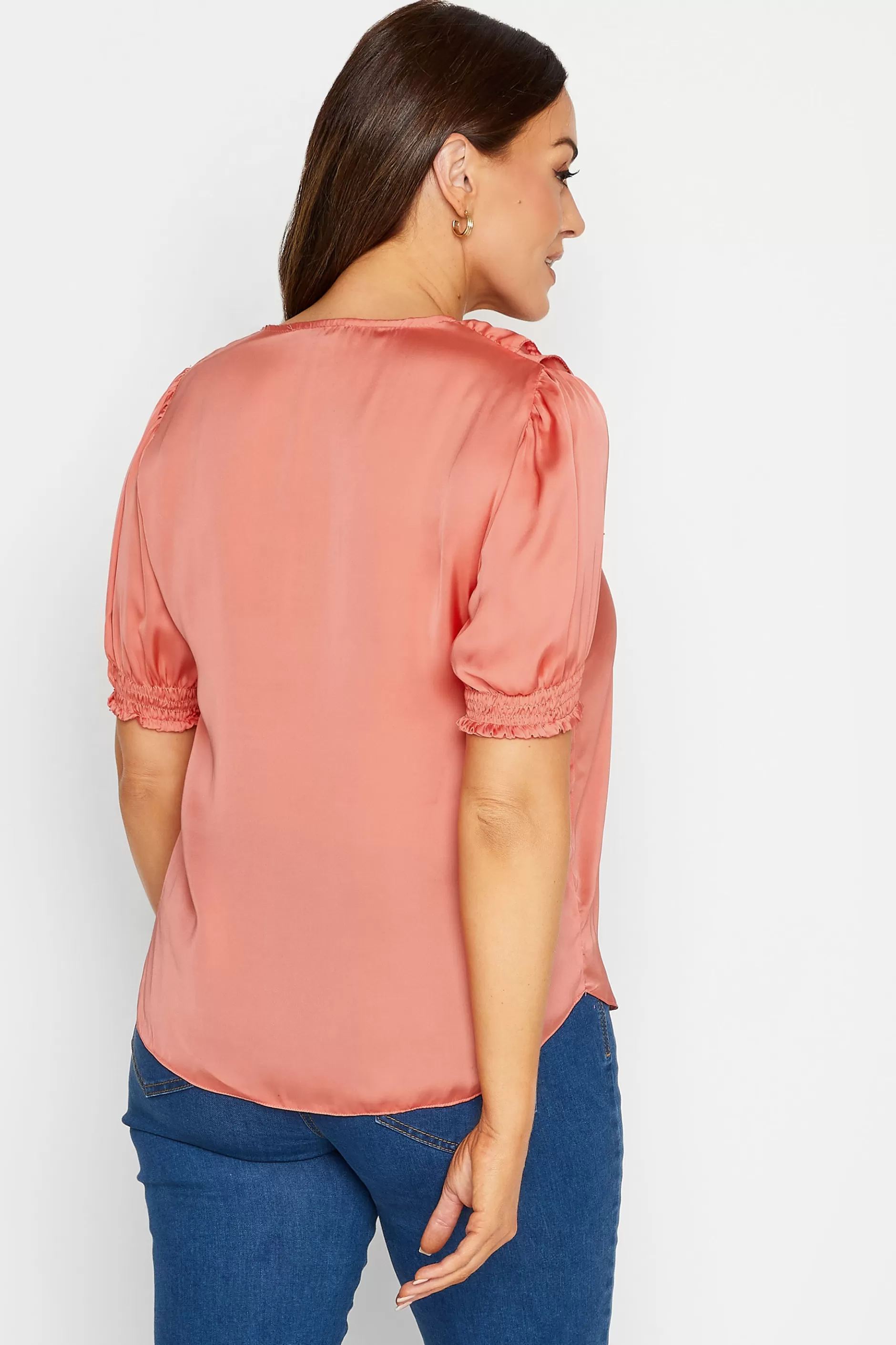 Women M&Co Short Sleeve Tops> Womens Coral Pink Frill Front Blouse