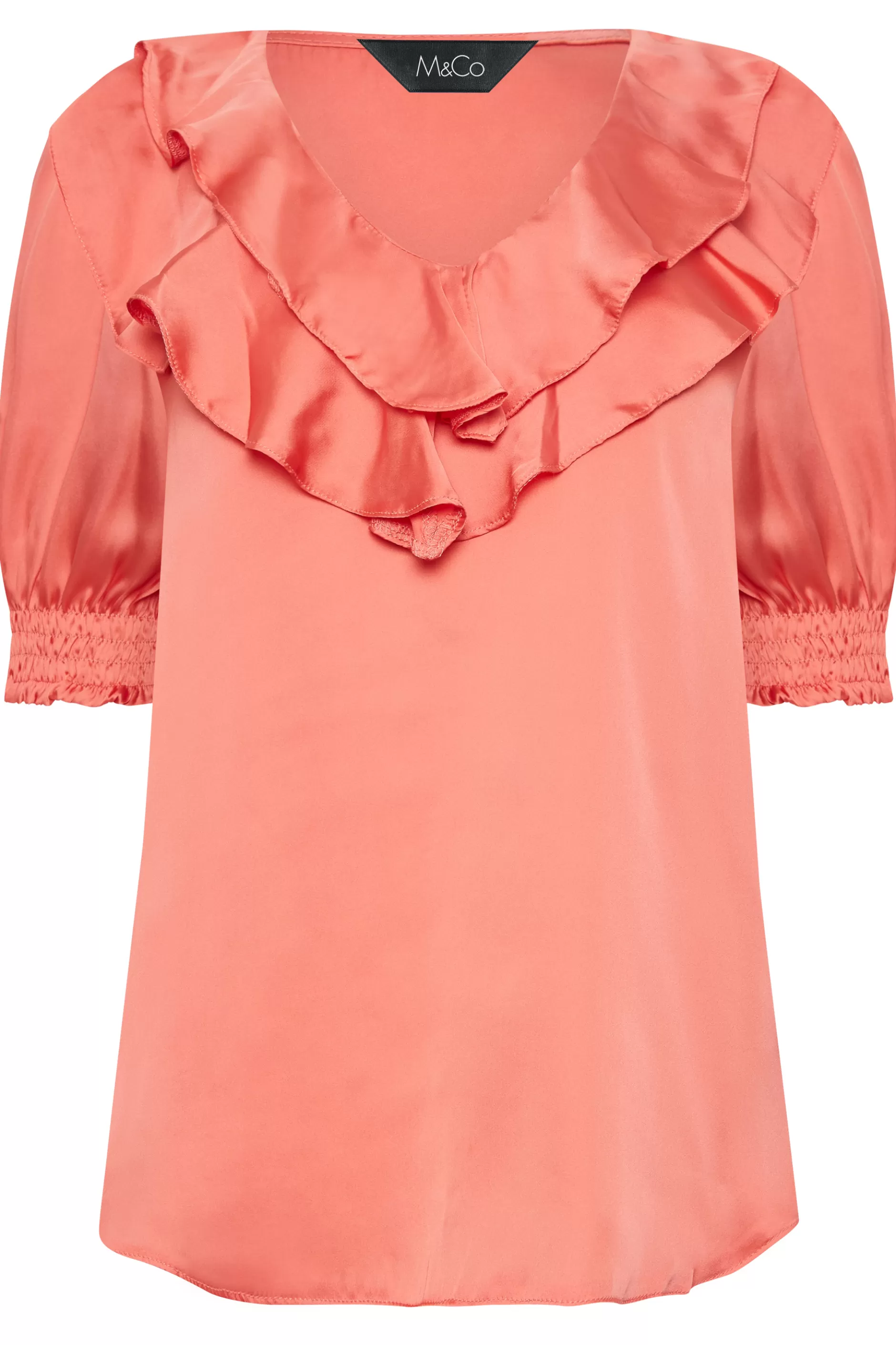Women M&Co Short Sleeve Tops> Womens Coral Pink Frill Front Blouse