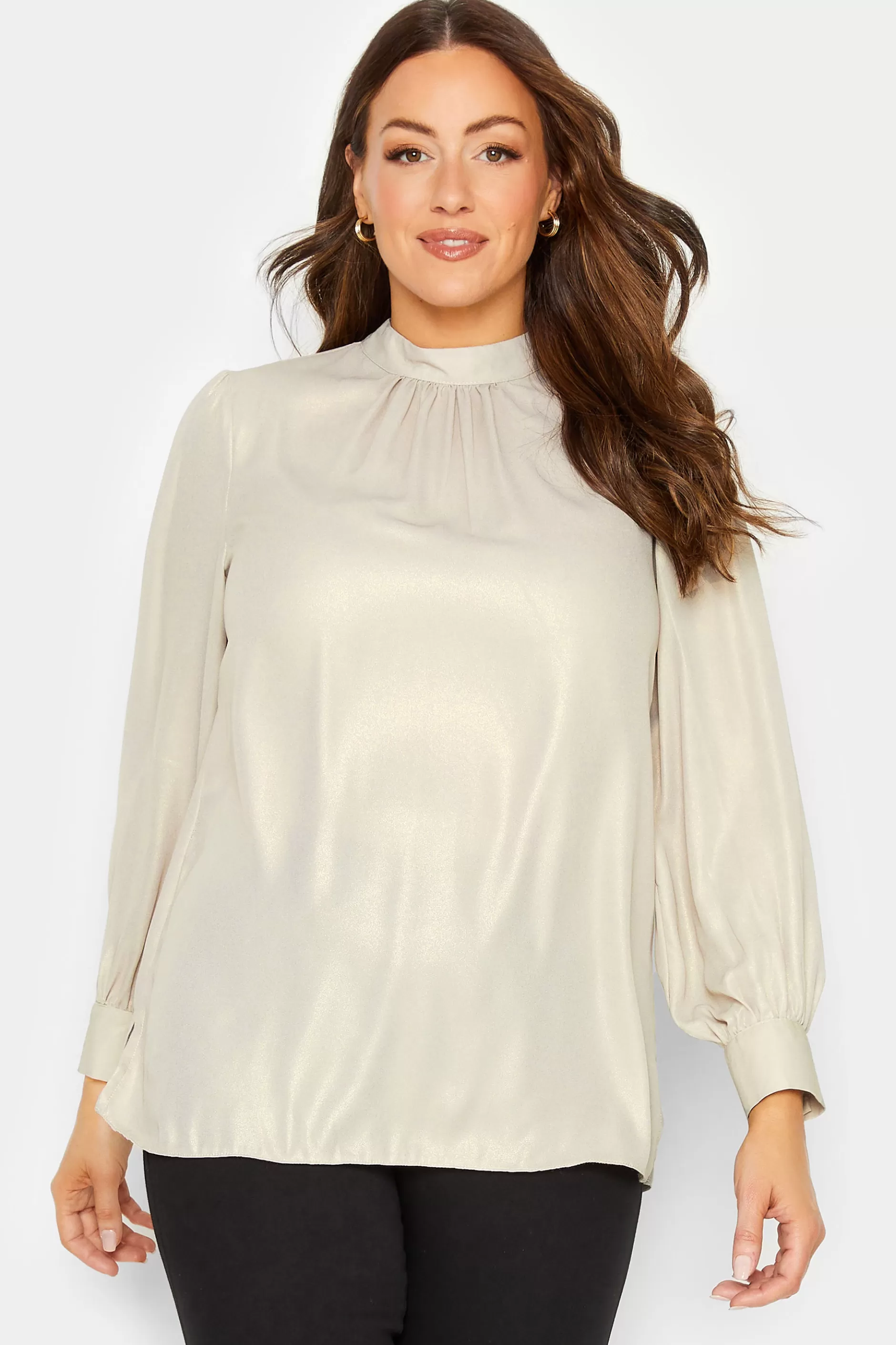 Women M&Co Long Sleeve Tops> Womens Cream Keyhole Back High Neck Blouse