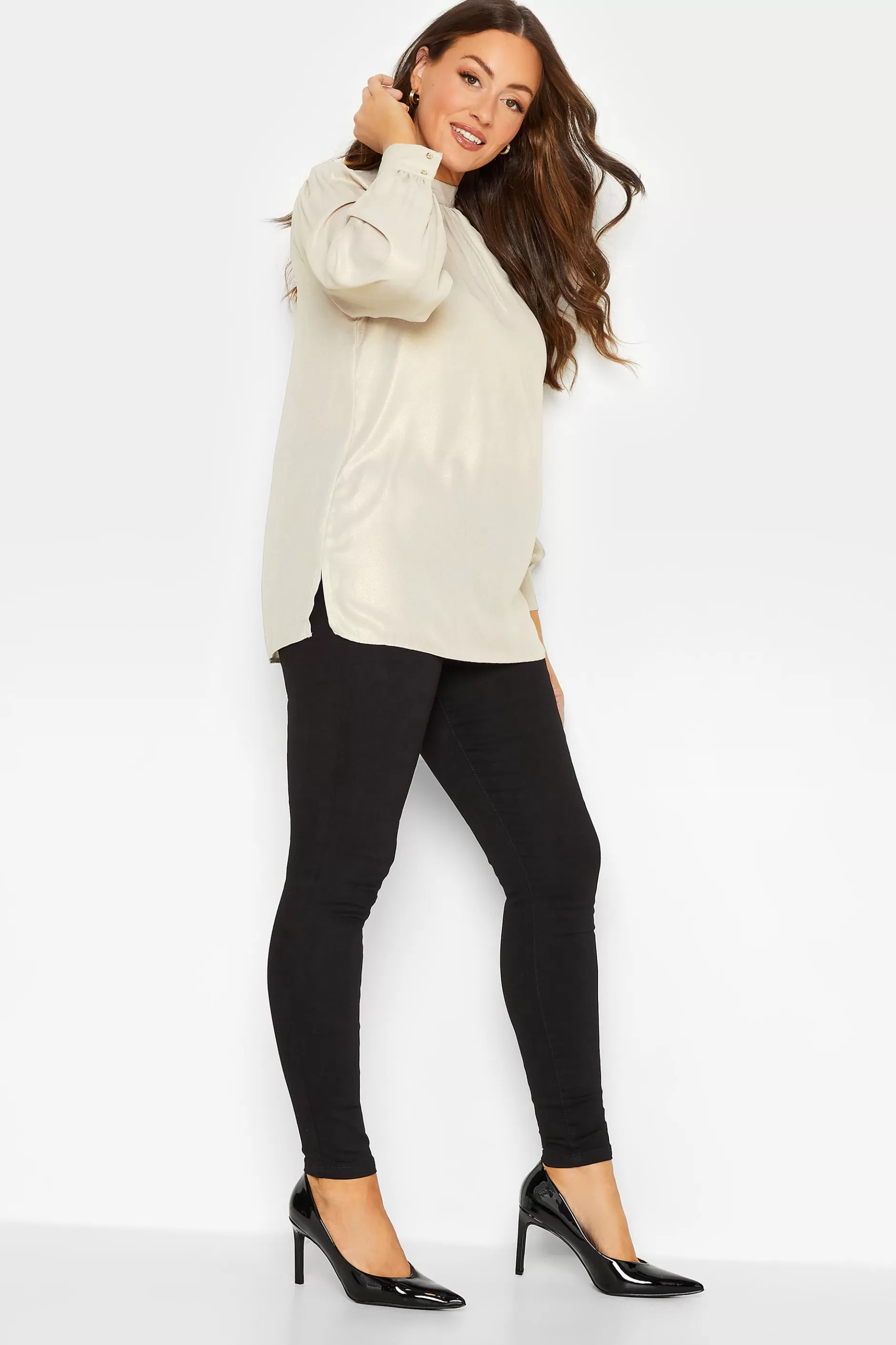 Women M&Co Long Sleeve Tops> Womens Cream Keyhole Back High Neck Blouse