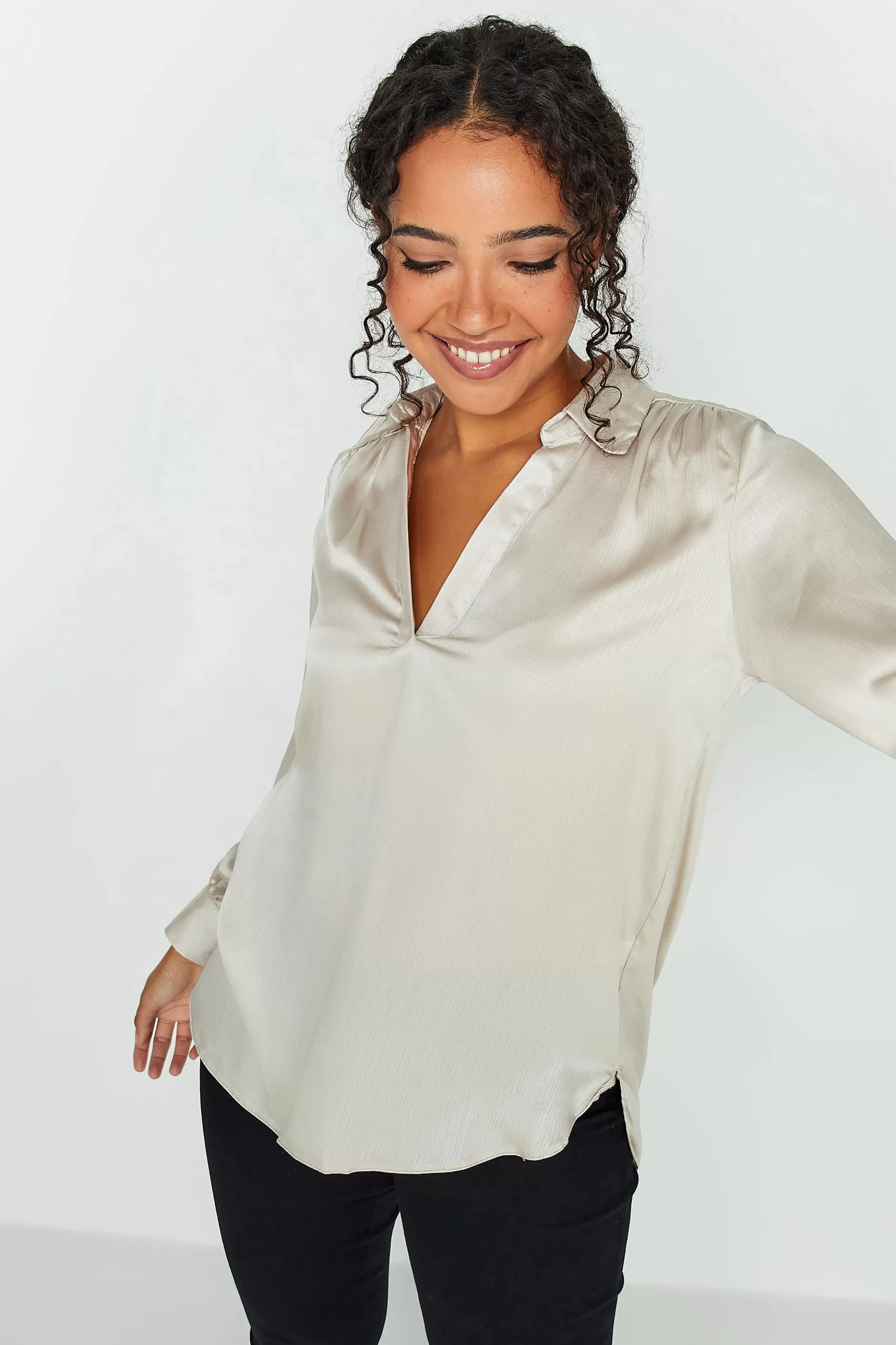 Women M&Co Shirts> Womens Cream Satin V-Neck Blouse