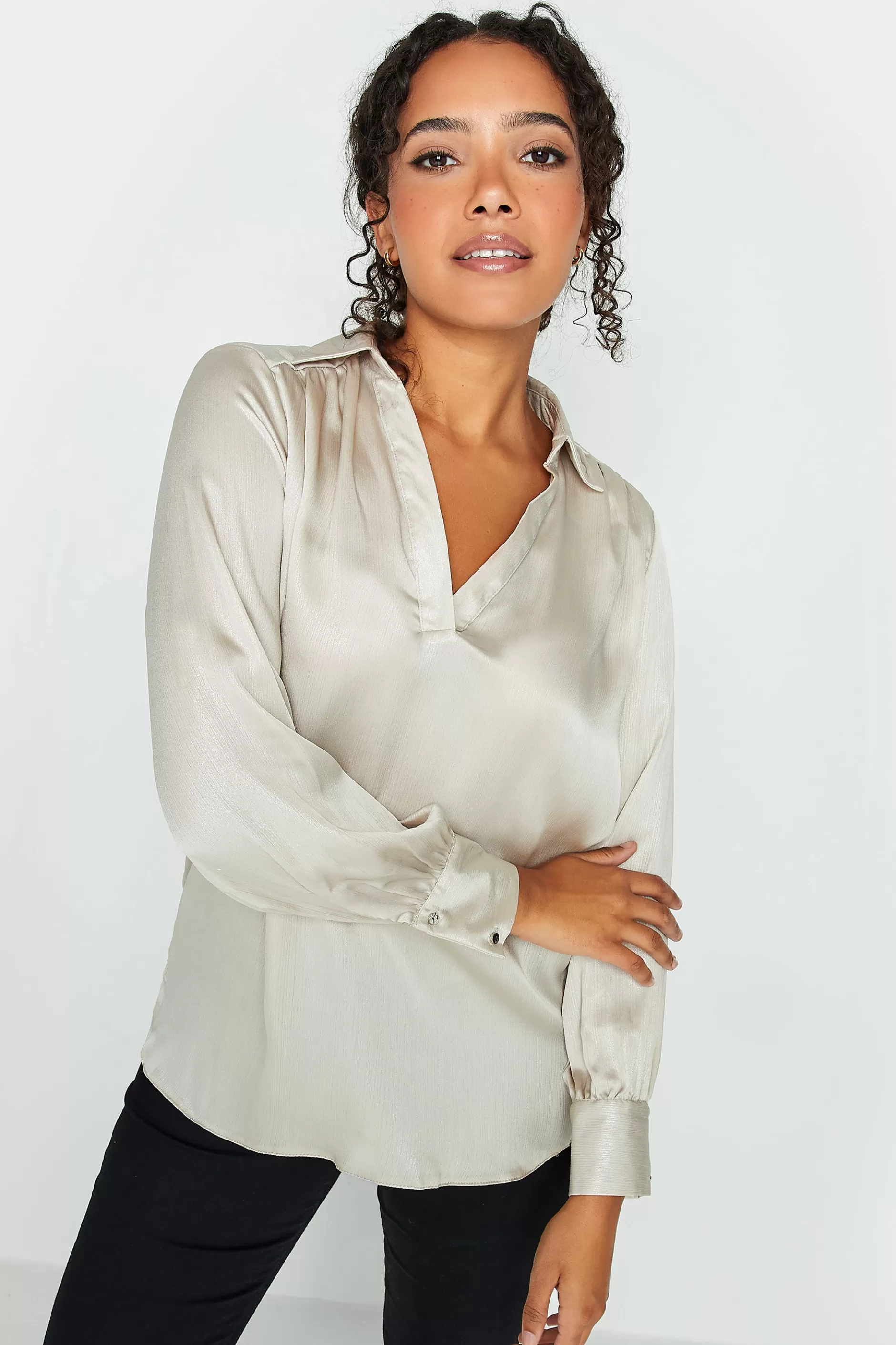 Women M&Co Shirts> Womens Cream Satin V-Neck Blouse