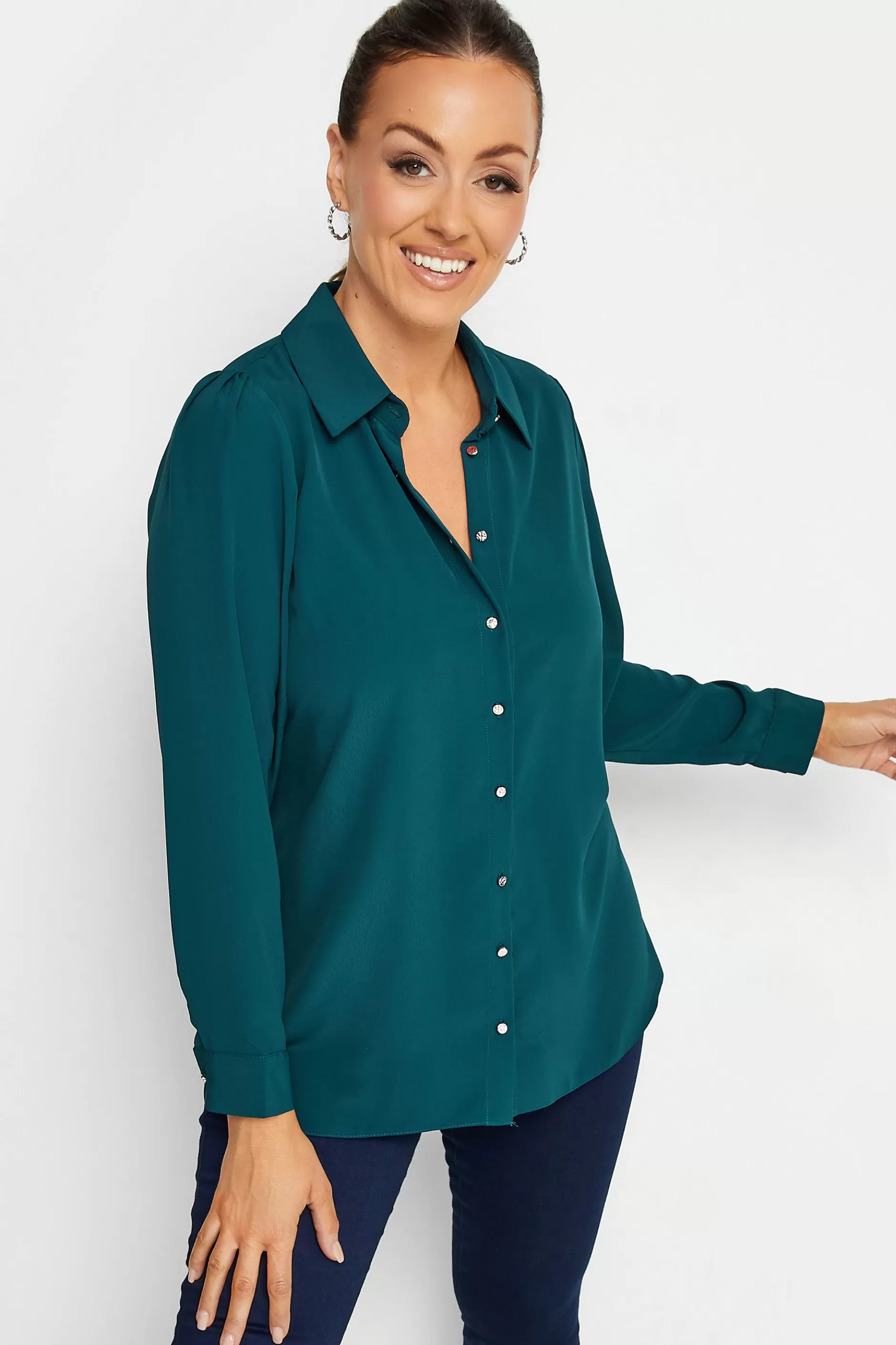 Women M&Co Shirts> Womens Dark Blue Button Down Tunic Shirt