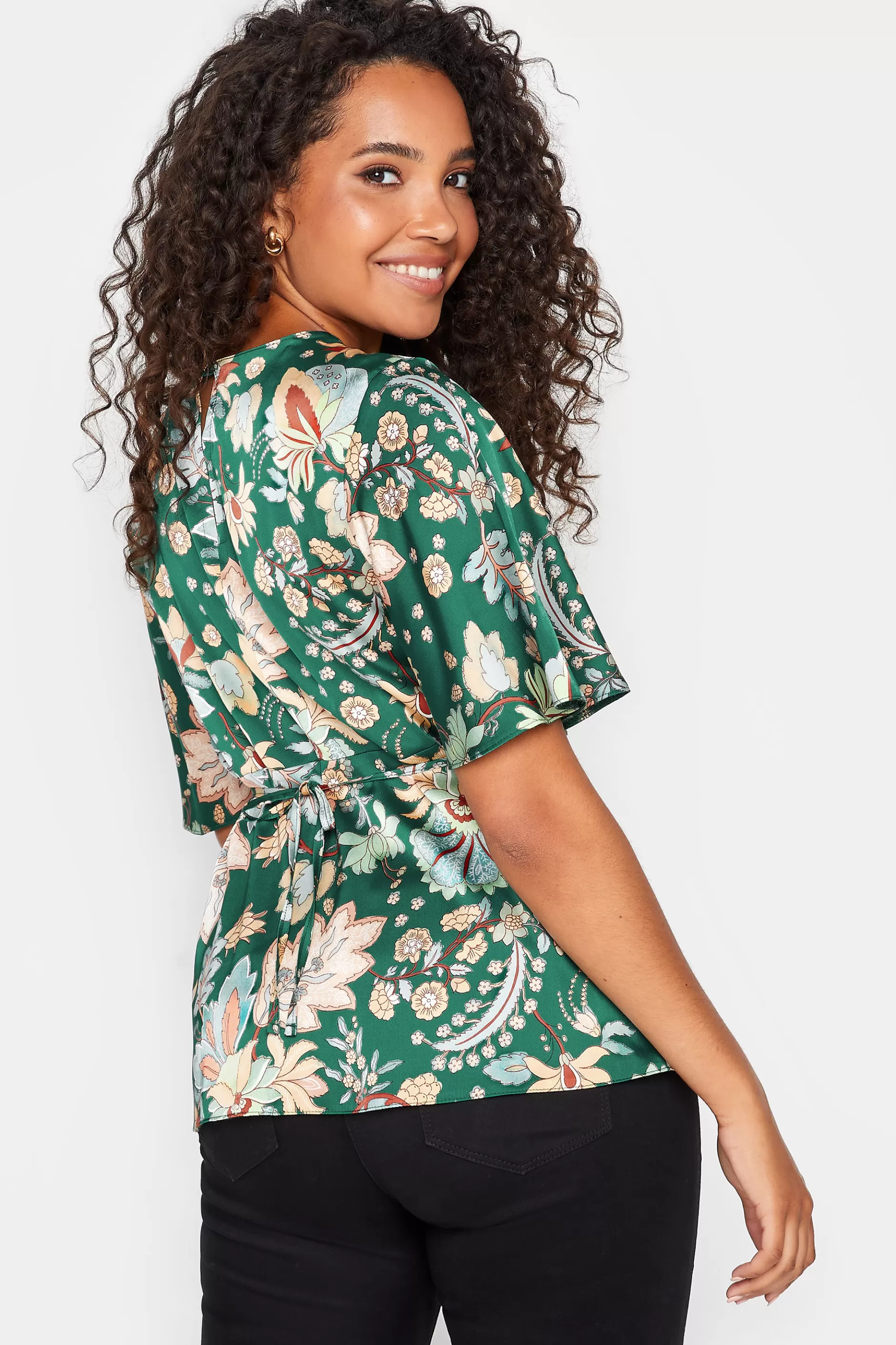 Women M&Co Short Sleeve Tops> Womens Dark Green Floral Tie Back Blouse