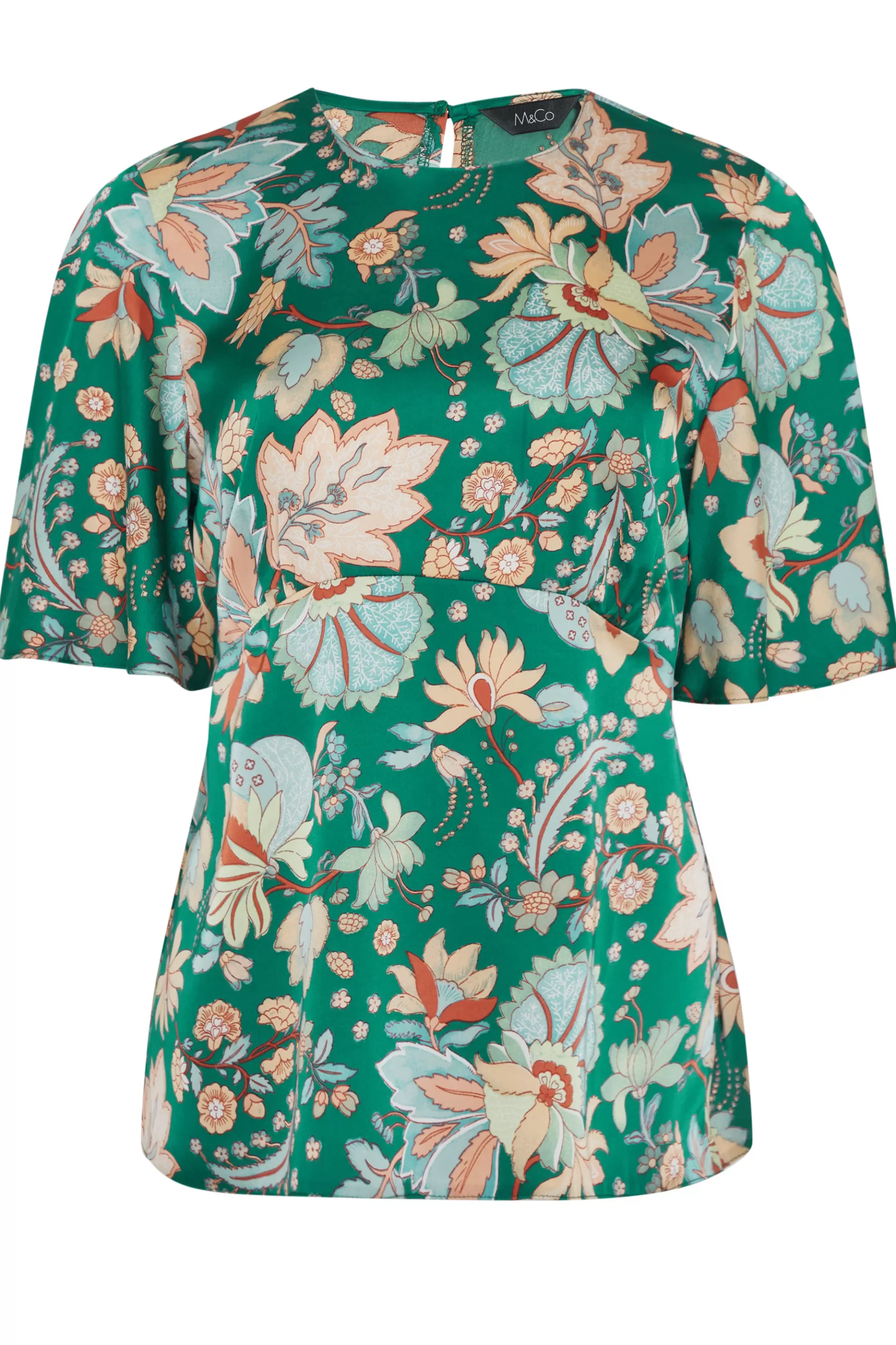 Women M&Co Short Sleeve Tops> Womens Dark Green Floral Tie Back Blouse