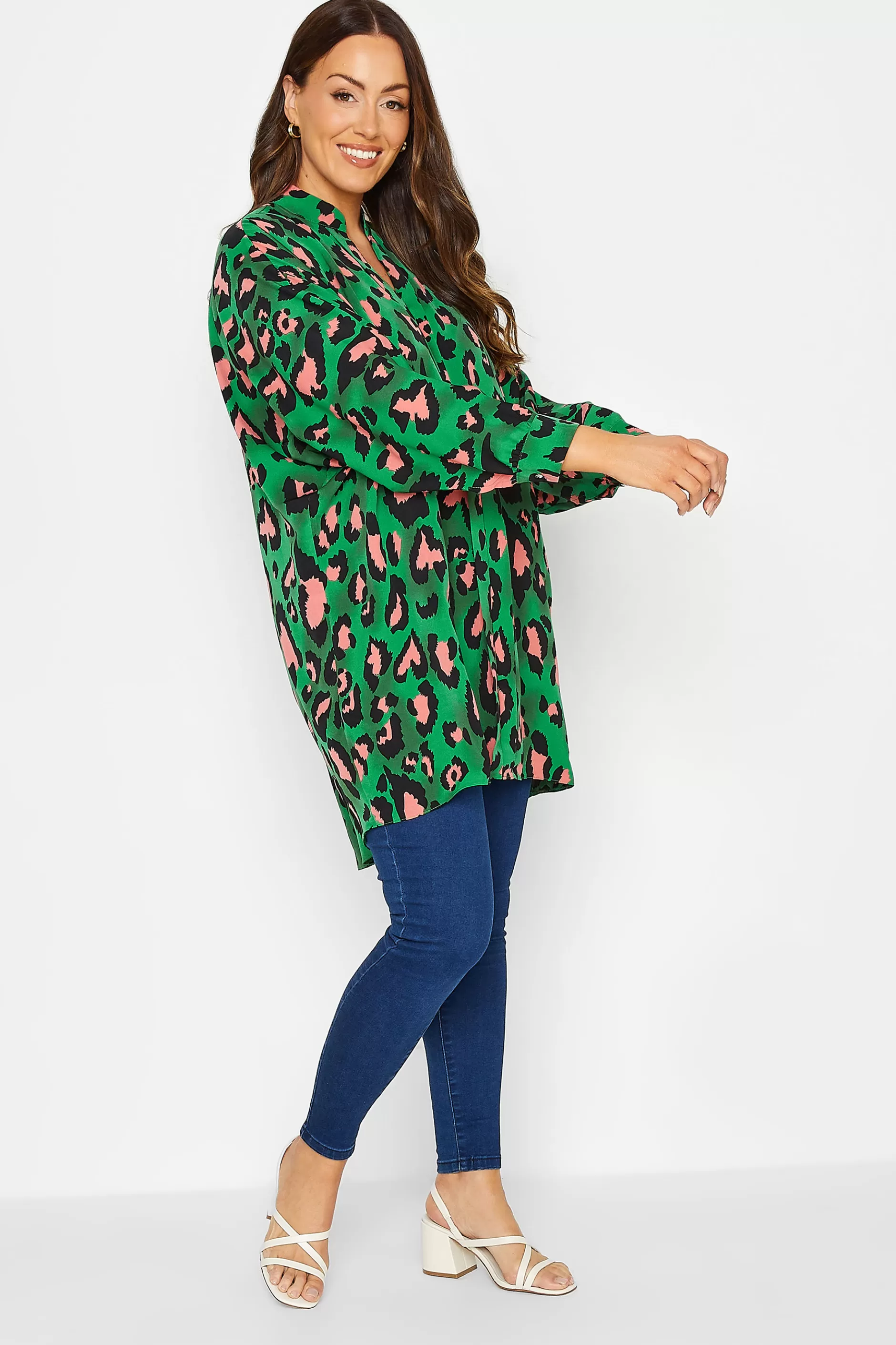 Women M&Co Shirts> Womens Dark Green Leopard Print Blouse