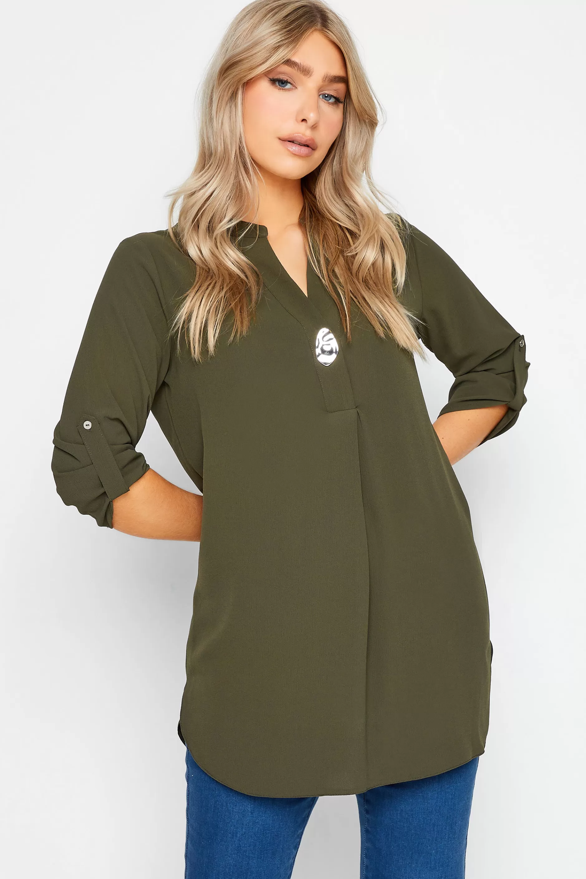 Women M&Co Shirts> Womens Dark Green Statement Button Tab Sleeve Shirt