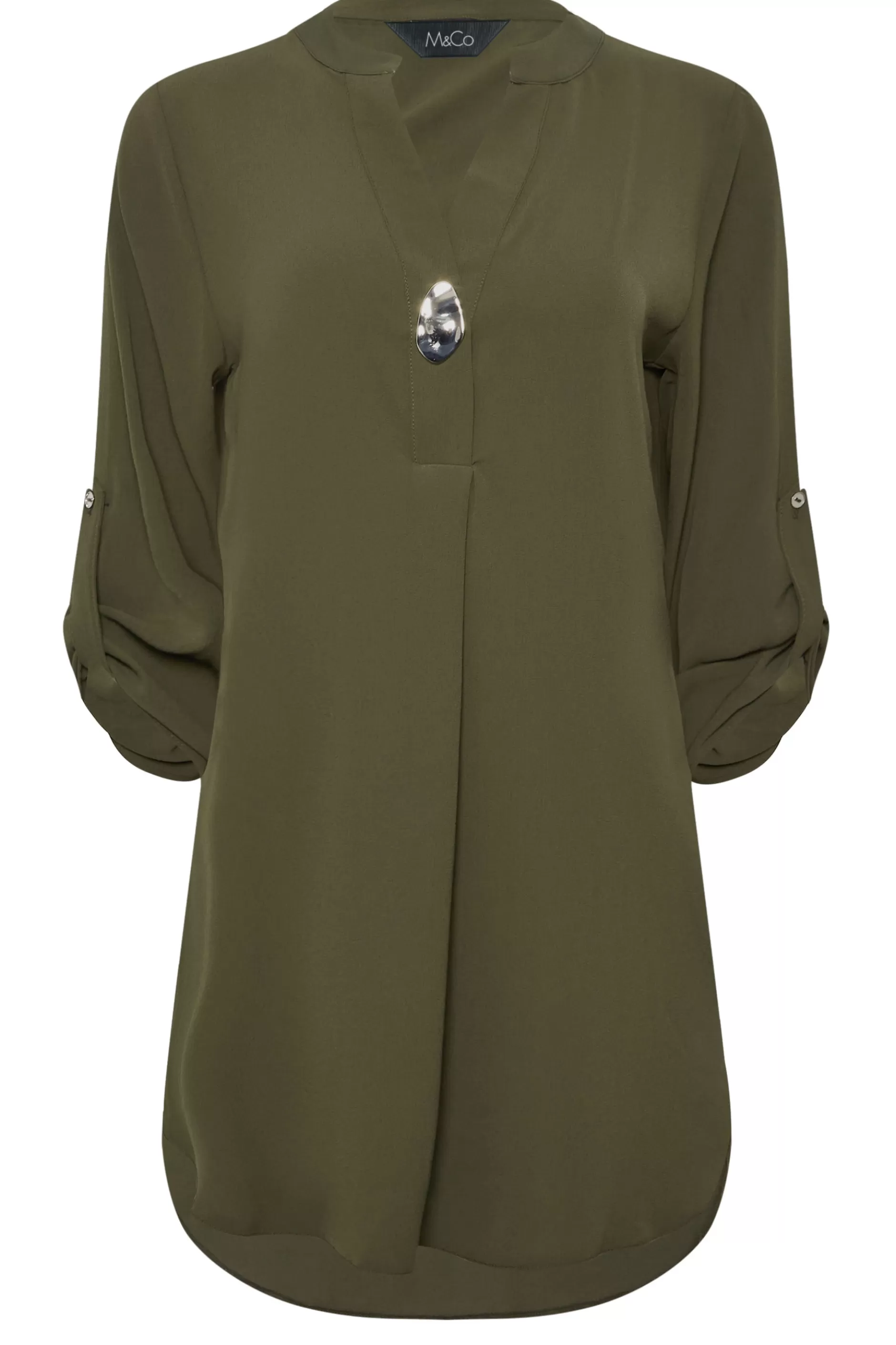 Women M&Co Shirts> Womens Dark Green Statement Button Tab Sleeve Shirt