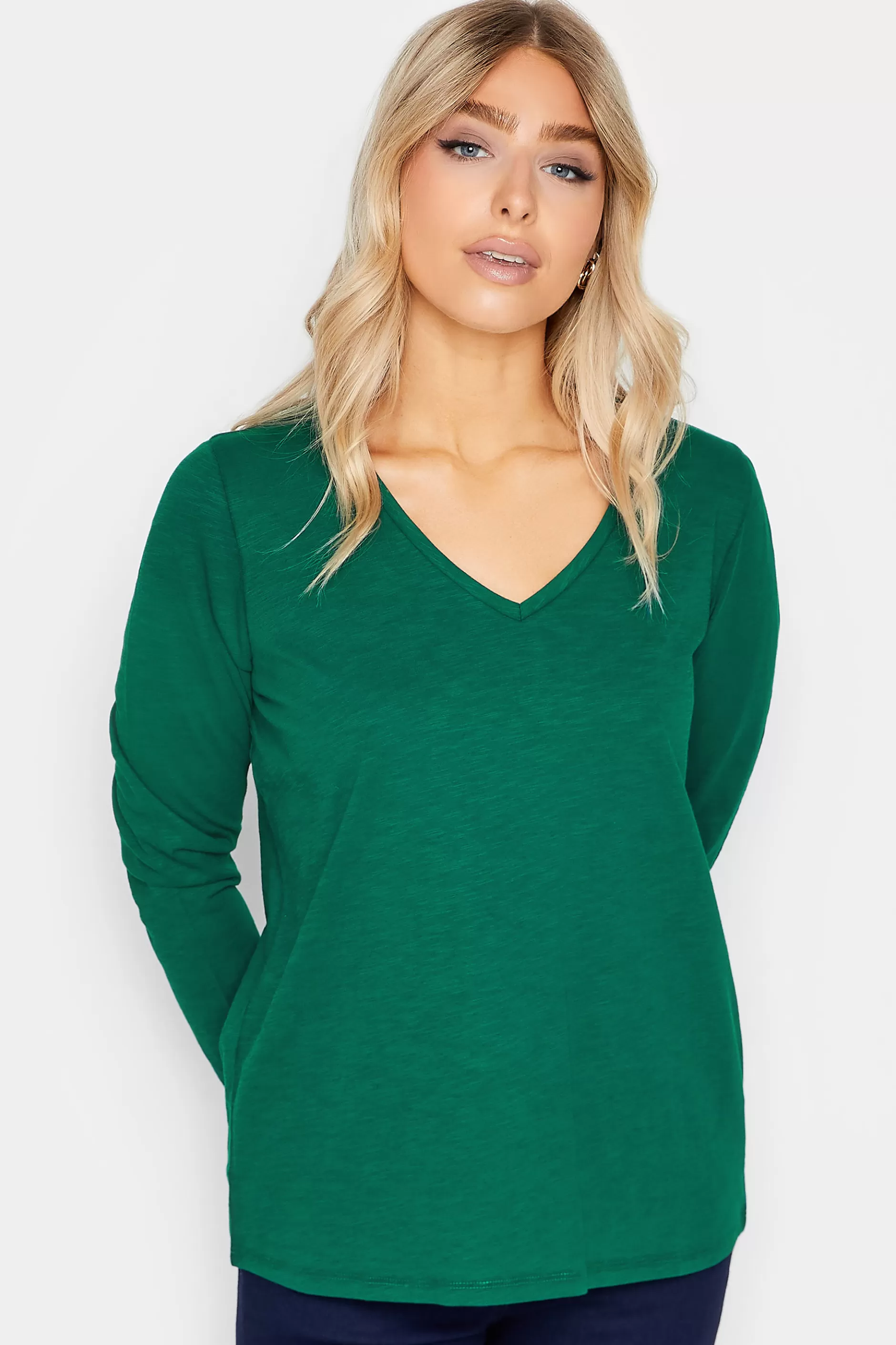 Women M&Co T-Shirts> Womens Dark Green V-Neck Long Sleeve Cotton Blend T-Shirt