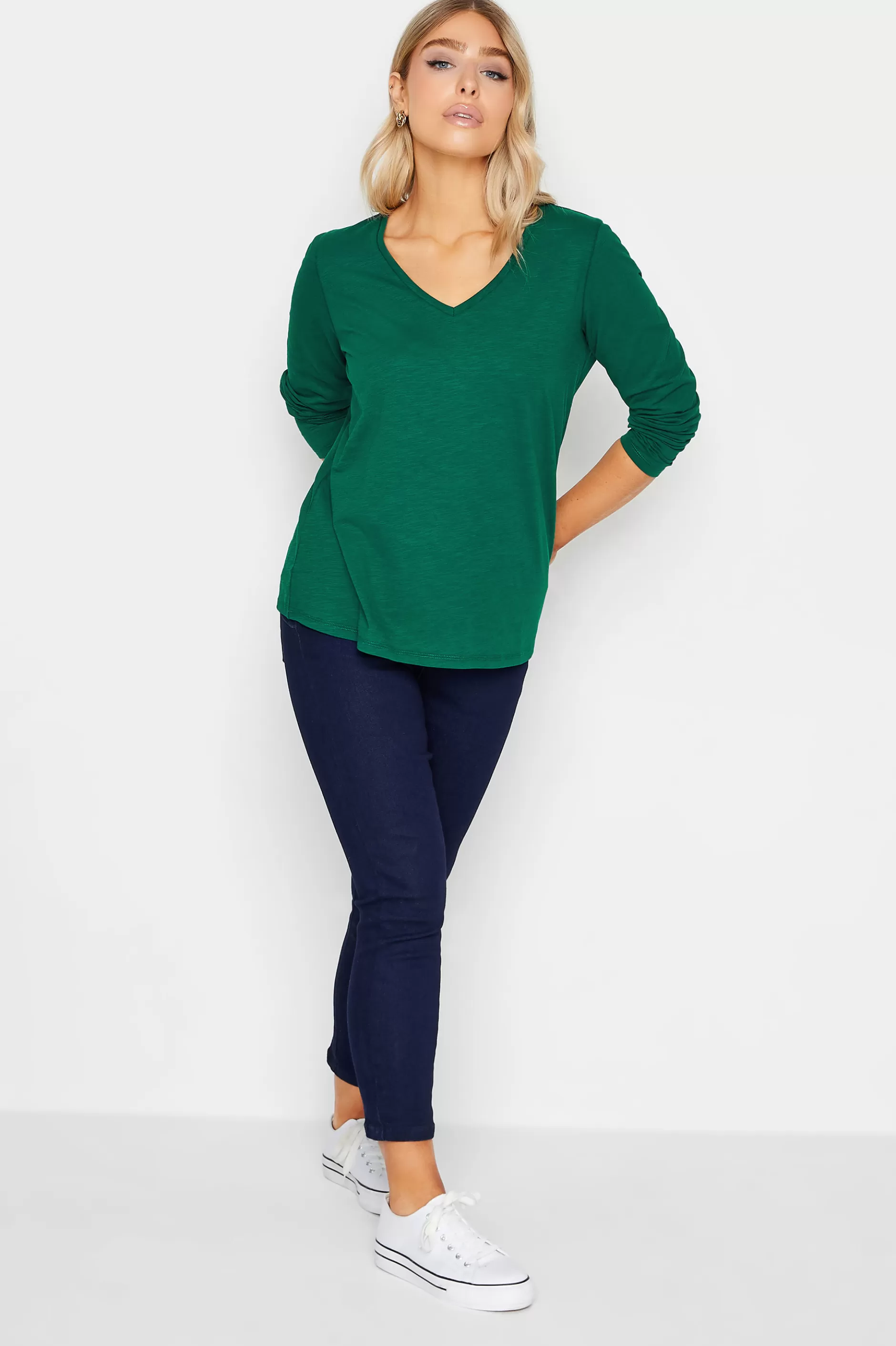 Women M&Co T-Shirts> Womens Dark Green V-Neck Long Sleeve Cotton Blend T-Shirt