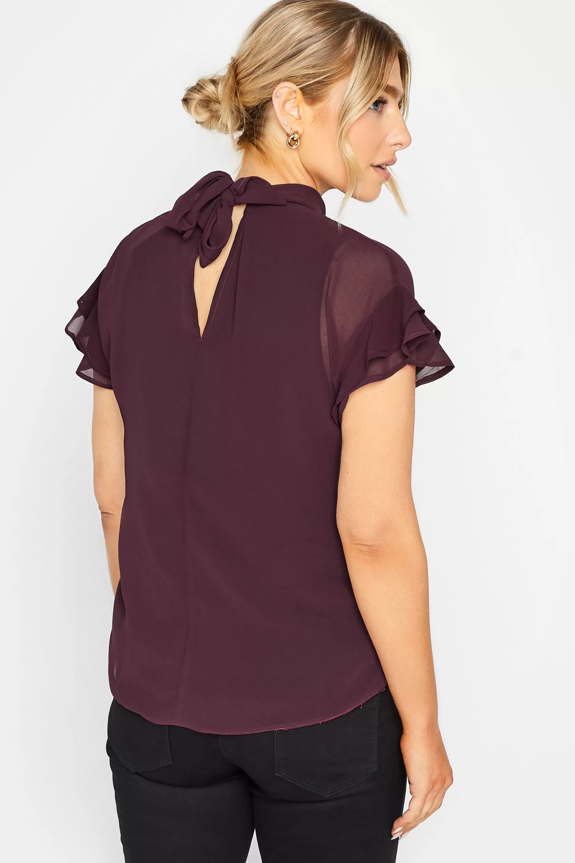 Women M&Co Short Sleeve Tops> Womens Dark Purple High Neck Frill Sleeve Blouse