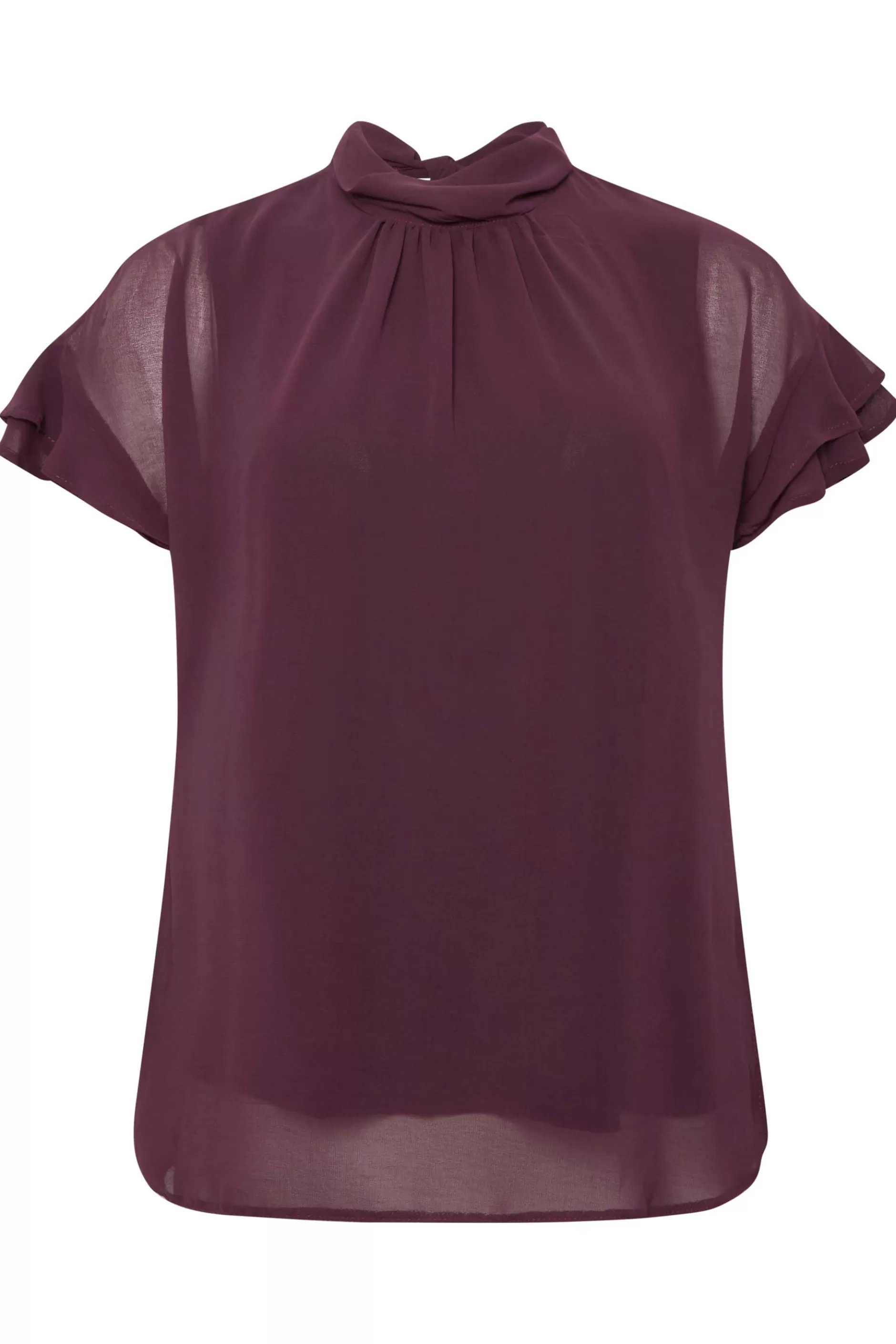 Women M&Co Short Sleeve Tops> Womens Dark Purple High Neck Frill Sleeve Blouse