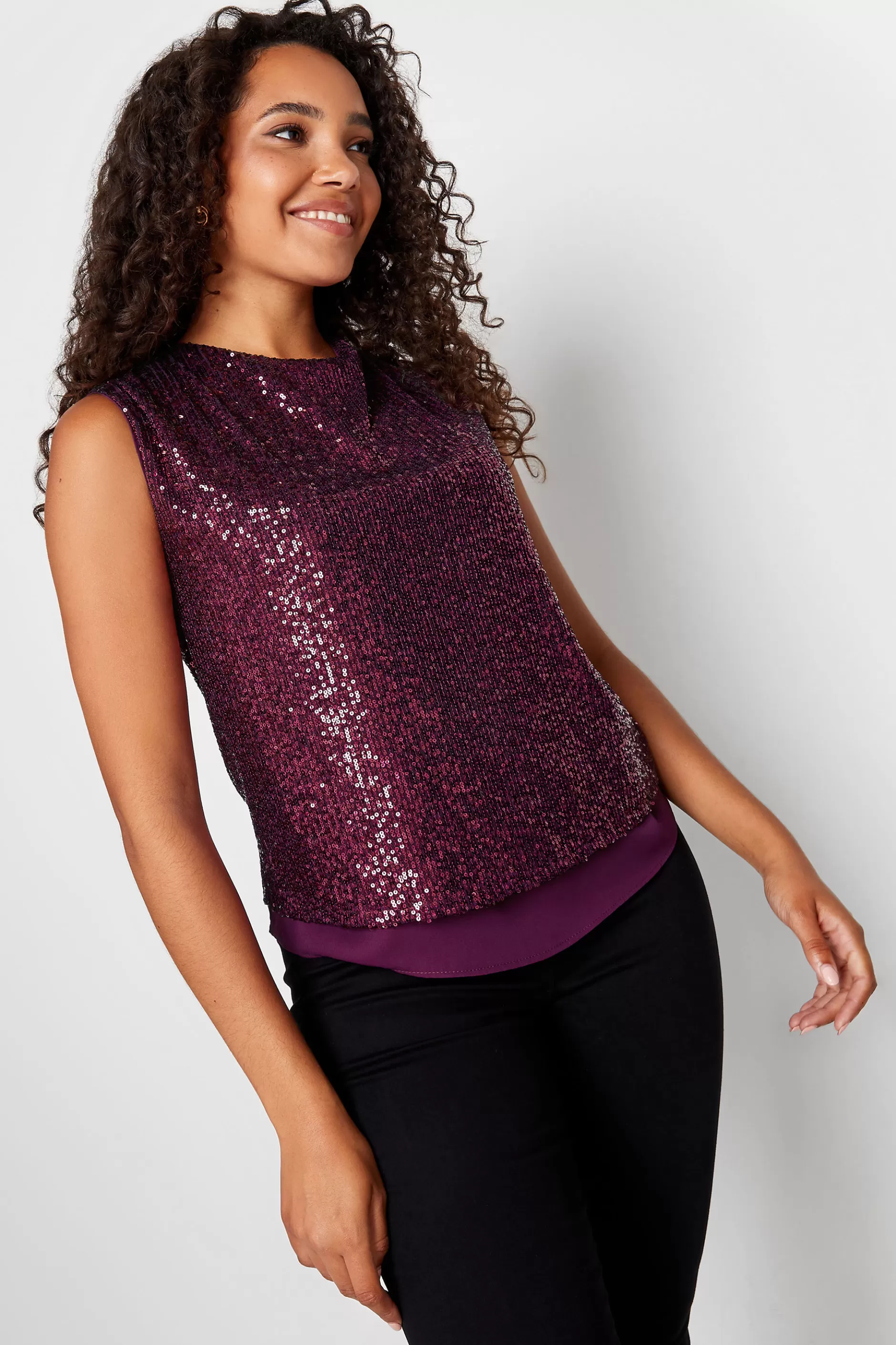 Women M&Co Short Sleeve Tops> Womens Dark Purple Sequin Tie Back Top