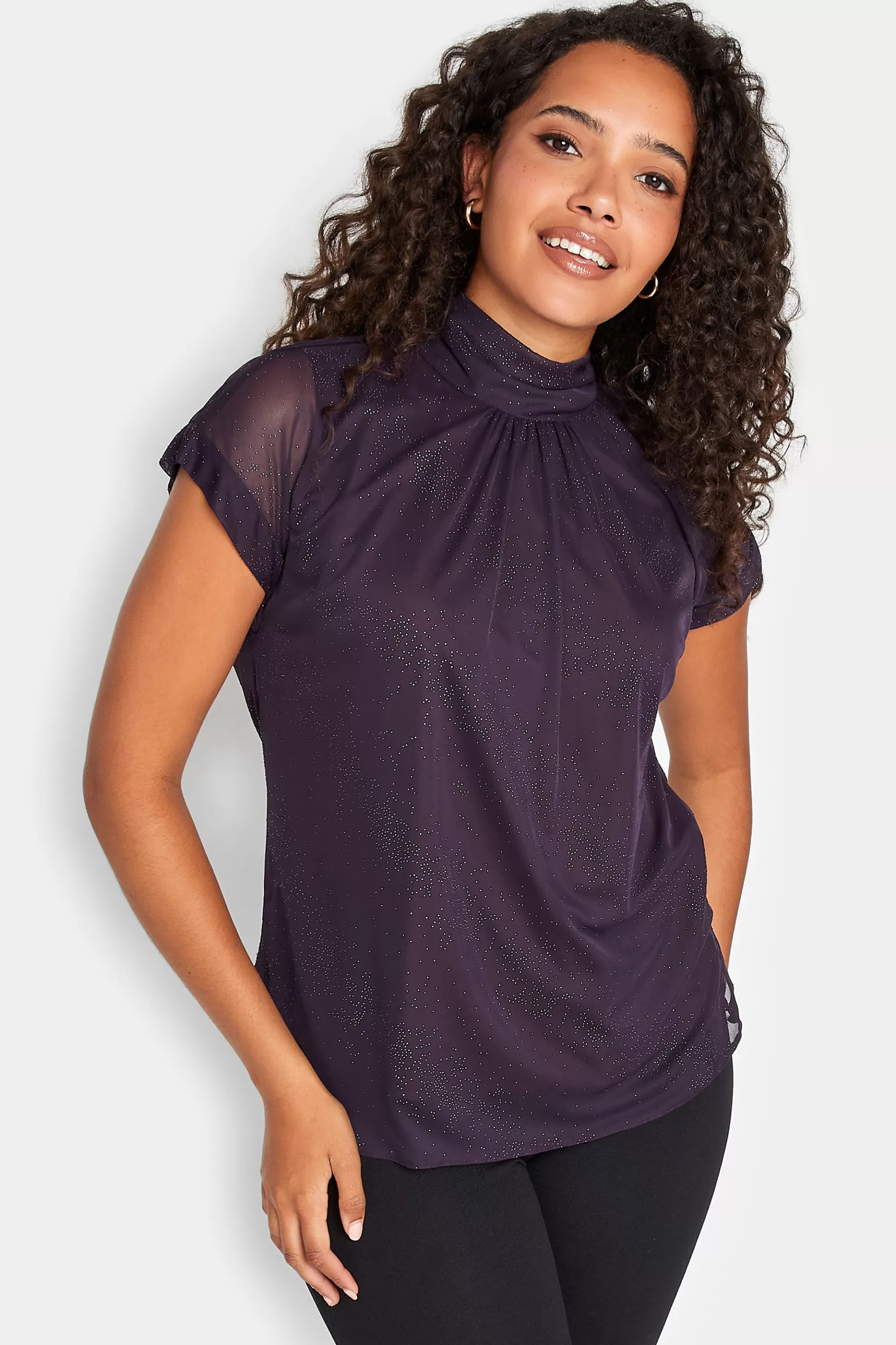 Women M&Co Short Sleeve Tops> Womens Dark Purple Tie Neck Blouse