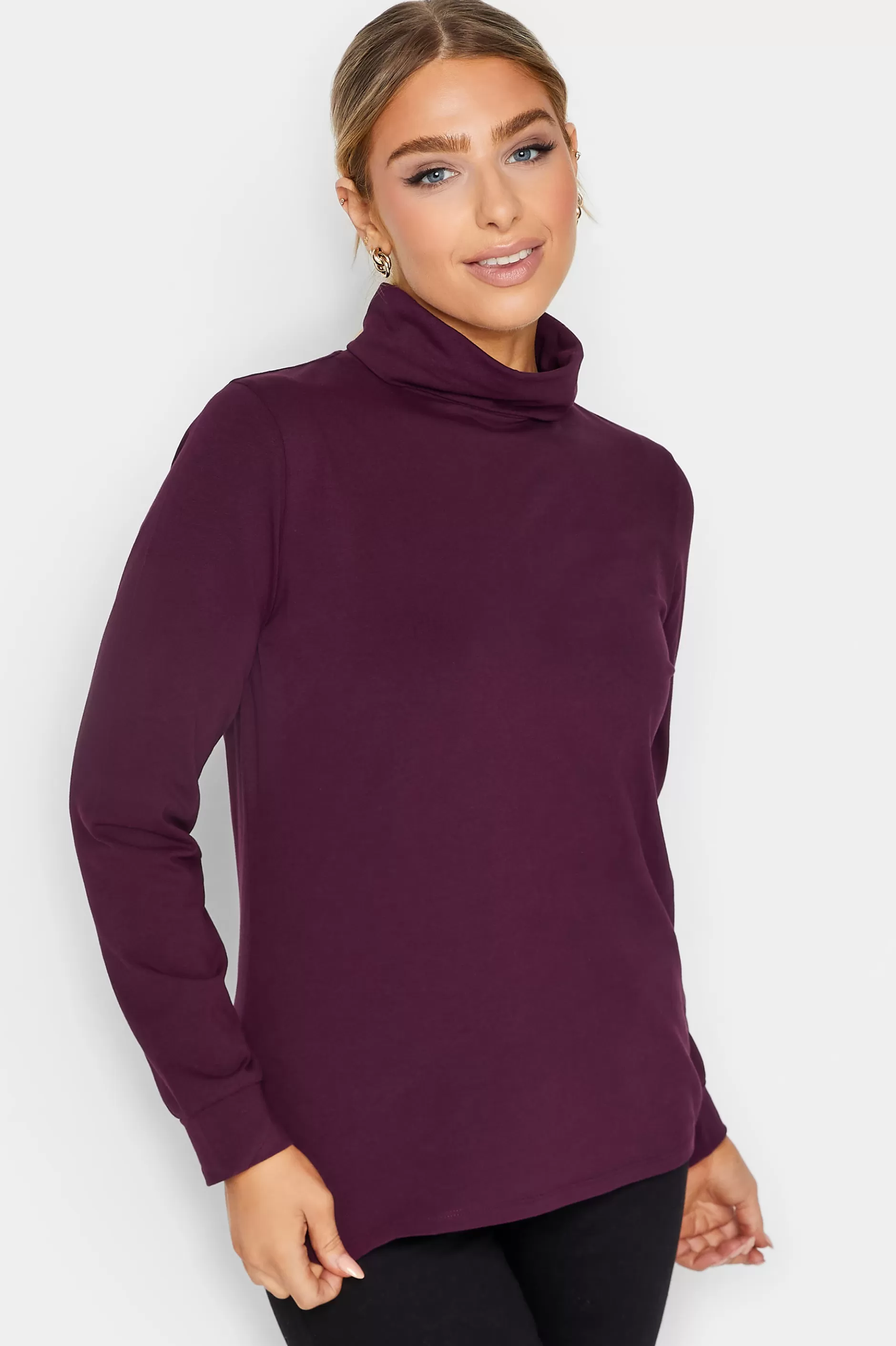 Women M&Co T-Shirts> Womens Dark Purple Turtle Neck Long Sleeve Cotton Blend Top