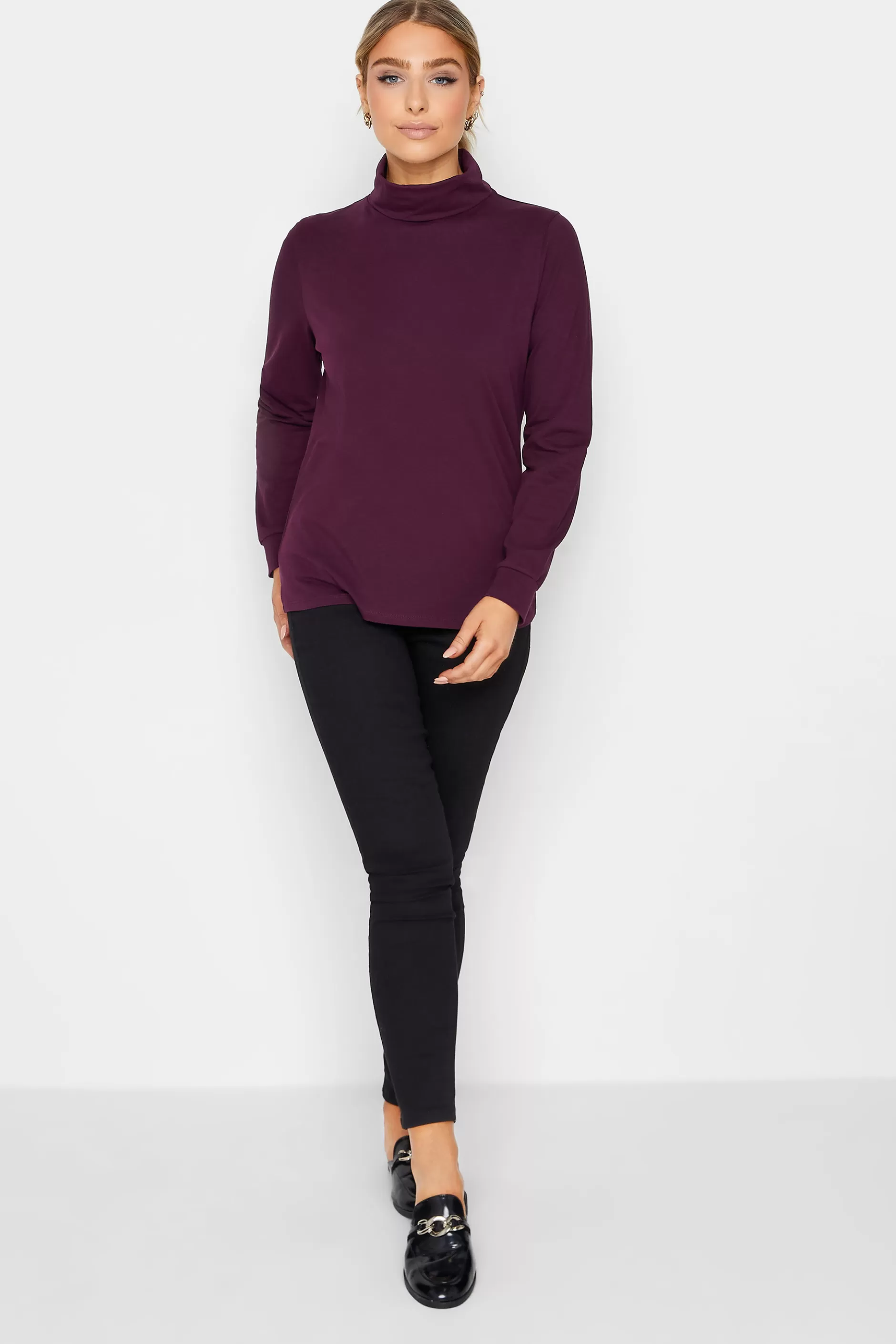 Women M&Co T-Shirts> Womens Dark Purple Turtle Neck Long Sleeve Cotton Blend Top