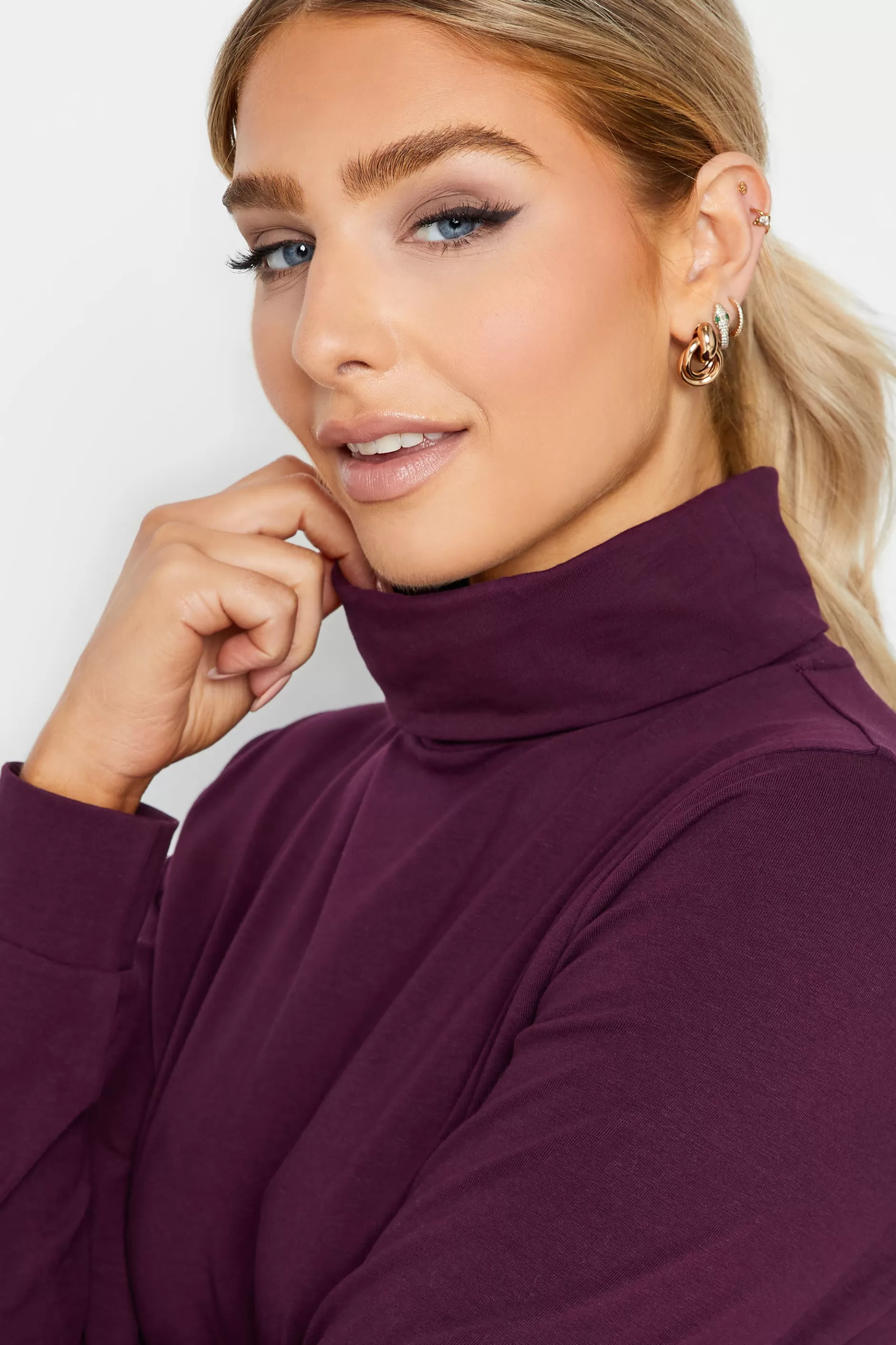 Women M&Co T-Shirts> Womens Dark Purple Turtle Neck Long Sleeve Cotton Blend Top