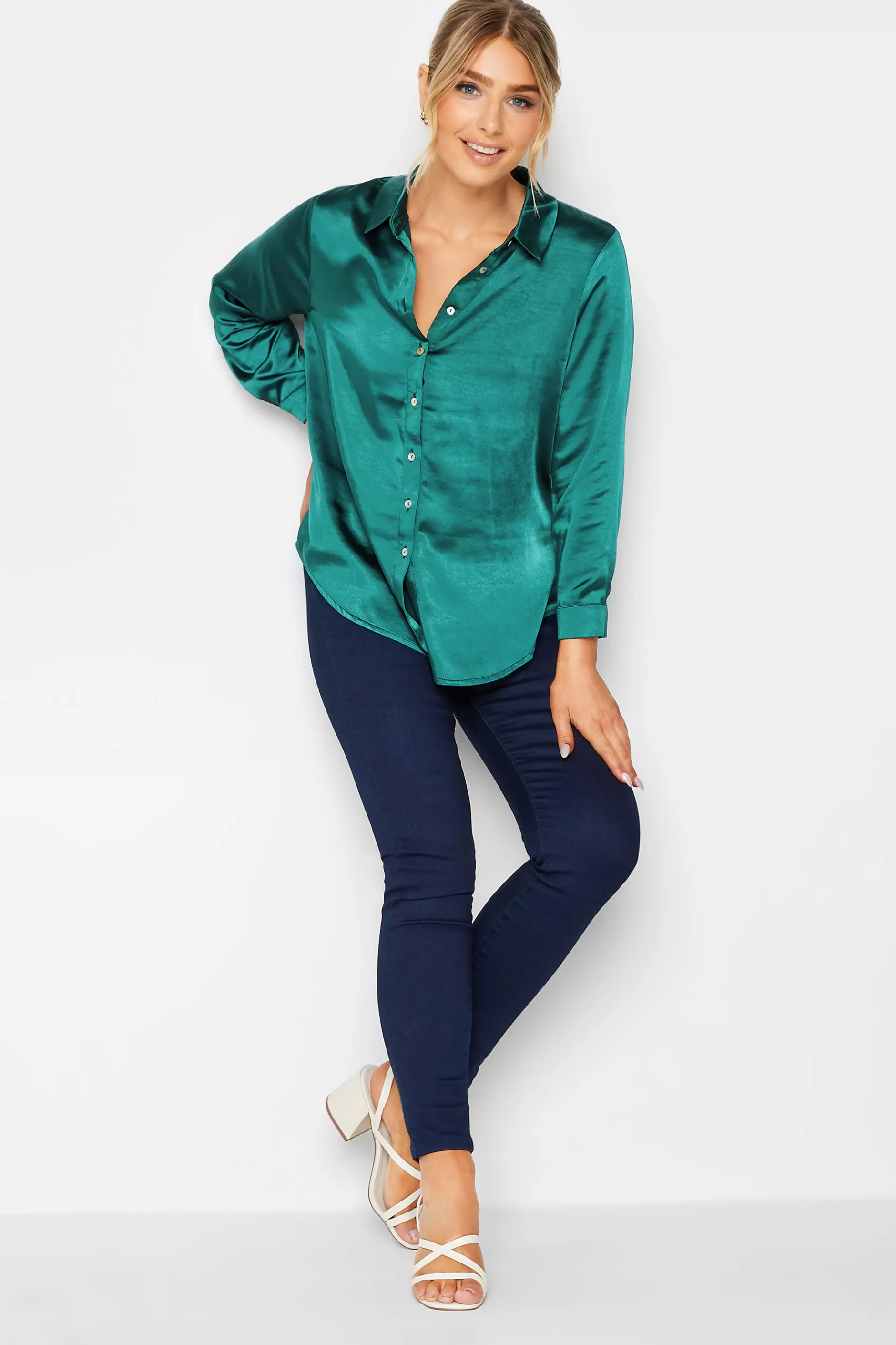 Women M&Co Shirts> Womens Emerald Green Satin Shirt