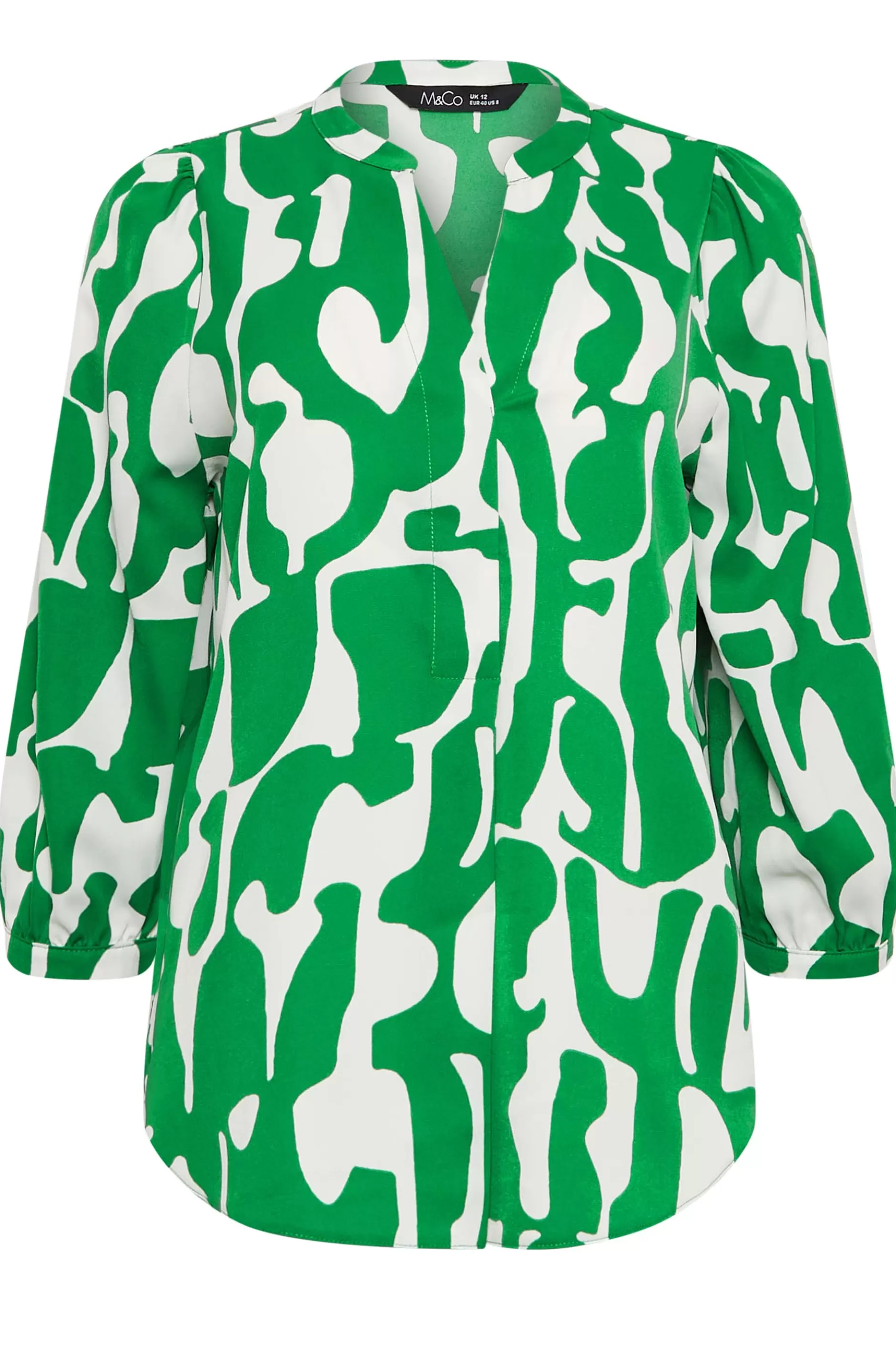 Women M&Co Blouses> Womens Green & White Abstract Print 3/4 Sleeve Blouse