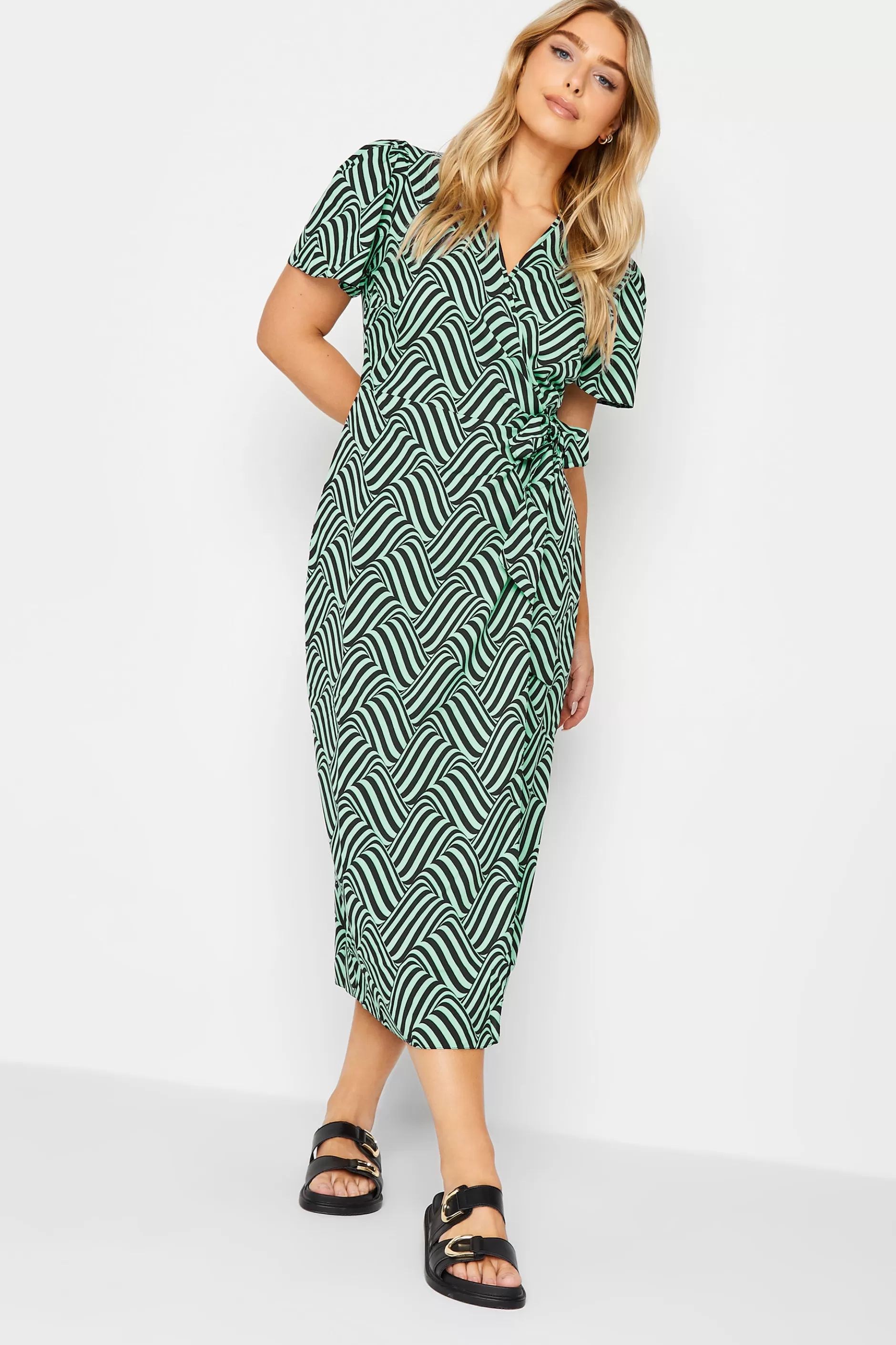 Women M&Co Wedding Guest Dresses> Womens Green Abstract Stripe Wrap Dress