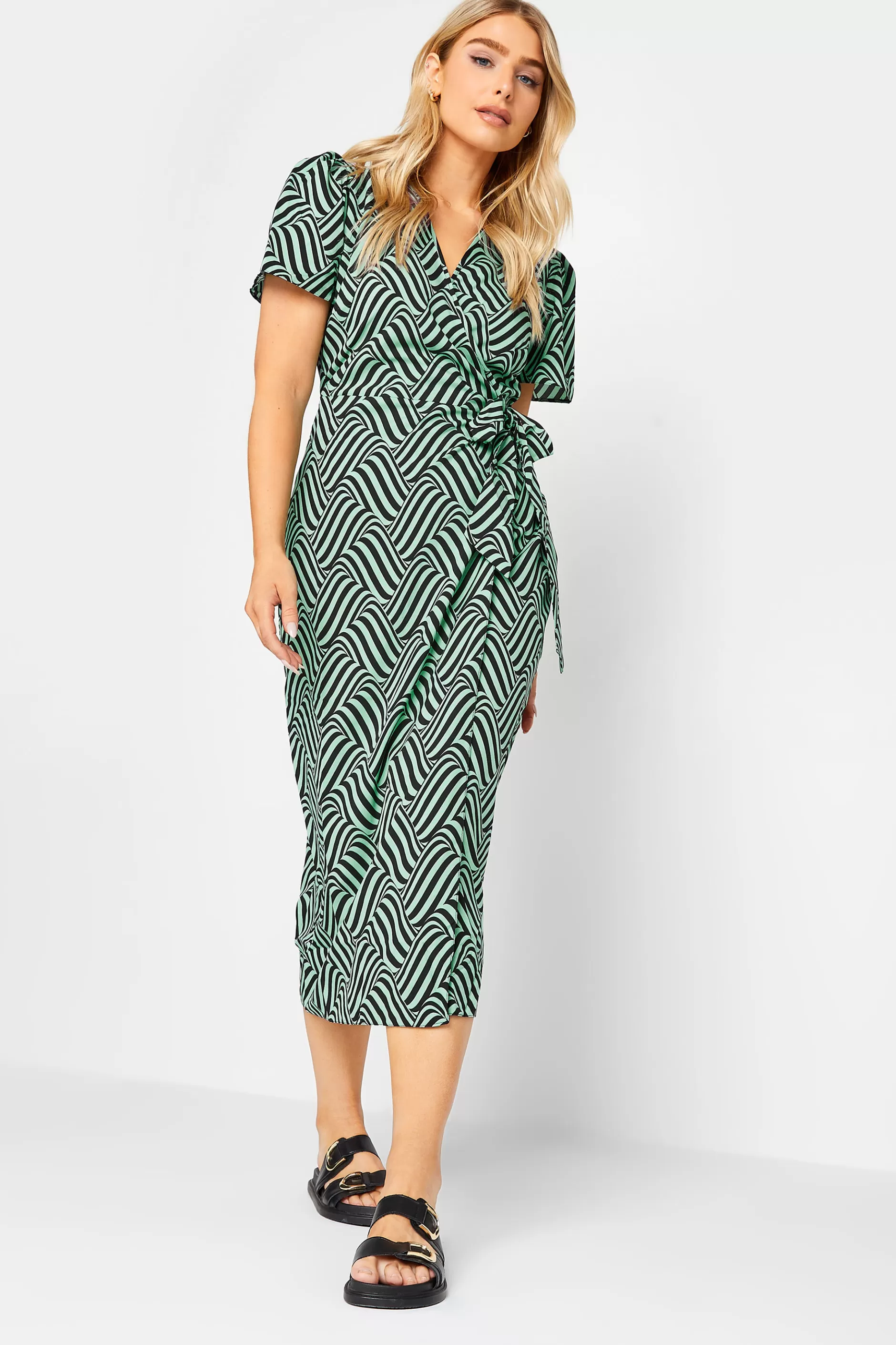 Women M&Co Wedding Guest Dresses> Womens Green Abstract Stripe Wrap Dress