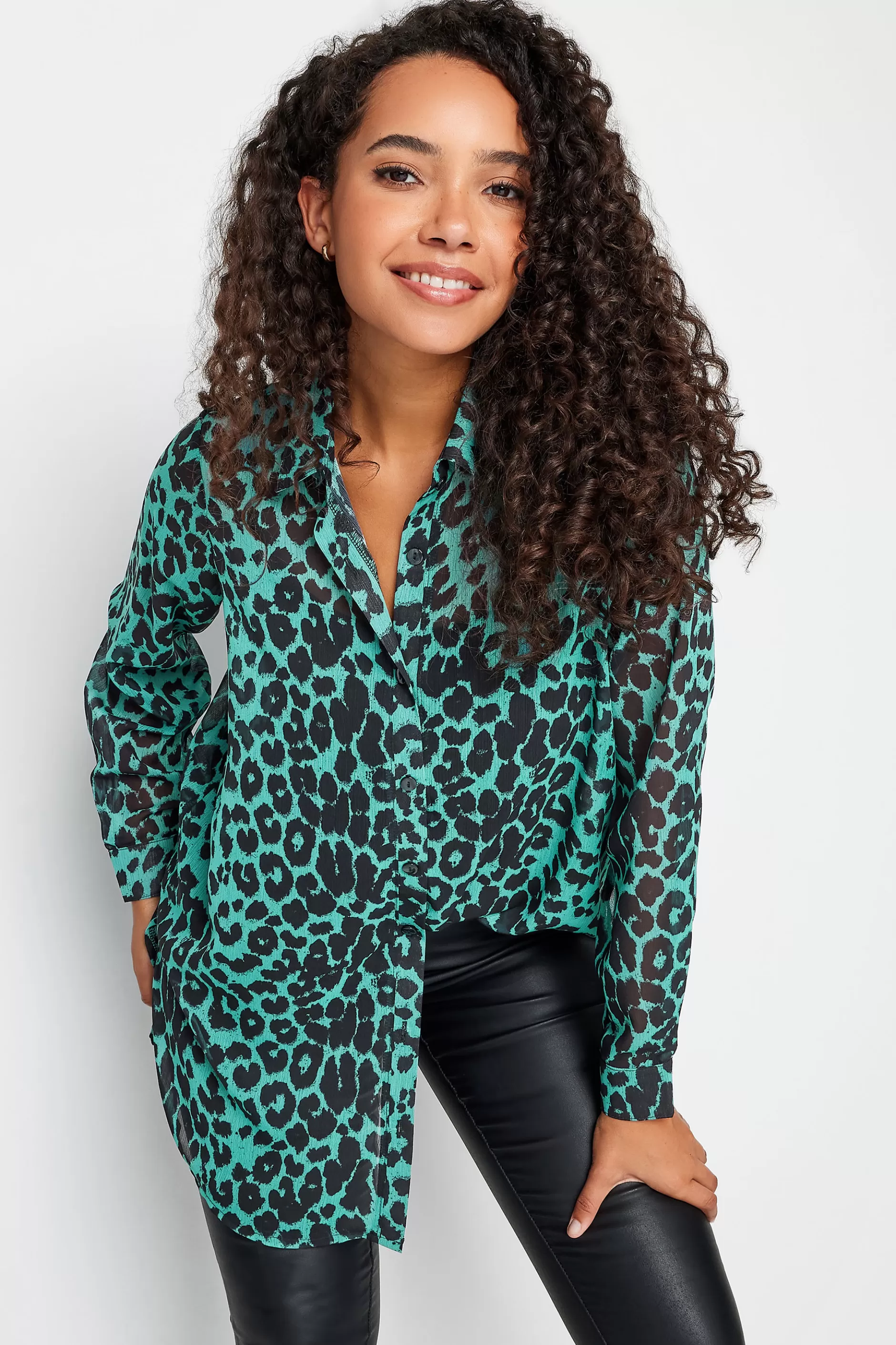 Women M&Co Shirts> Womens Green Animal Print Longline Shirt