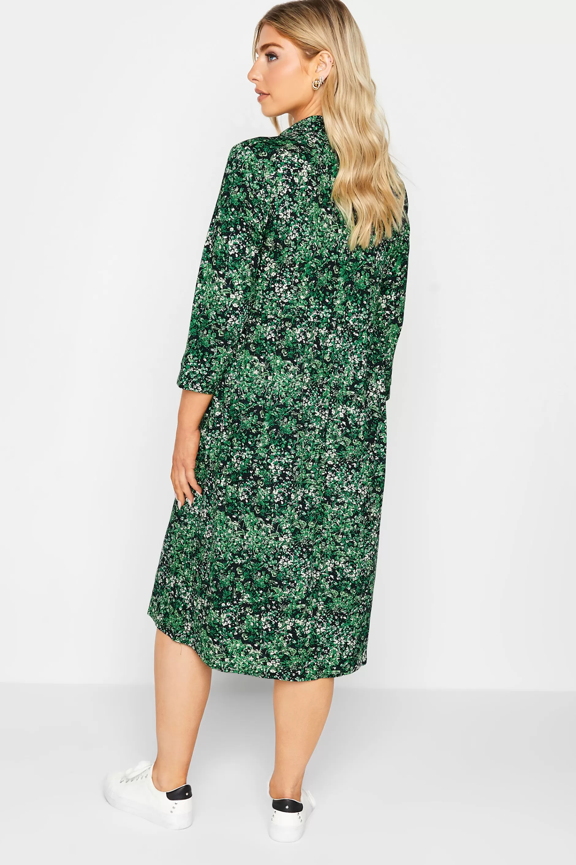 Women M&Co Wedding Guest Dresses> Womens Green Floral Half Placket Midi Smock Dress